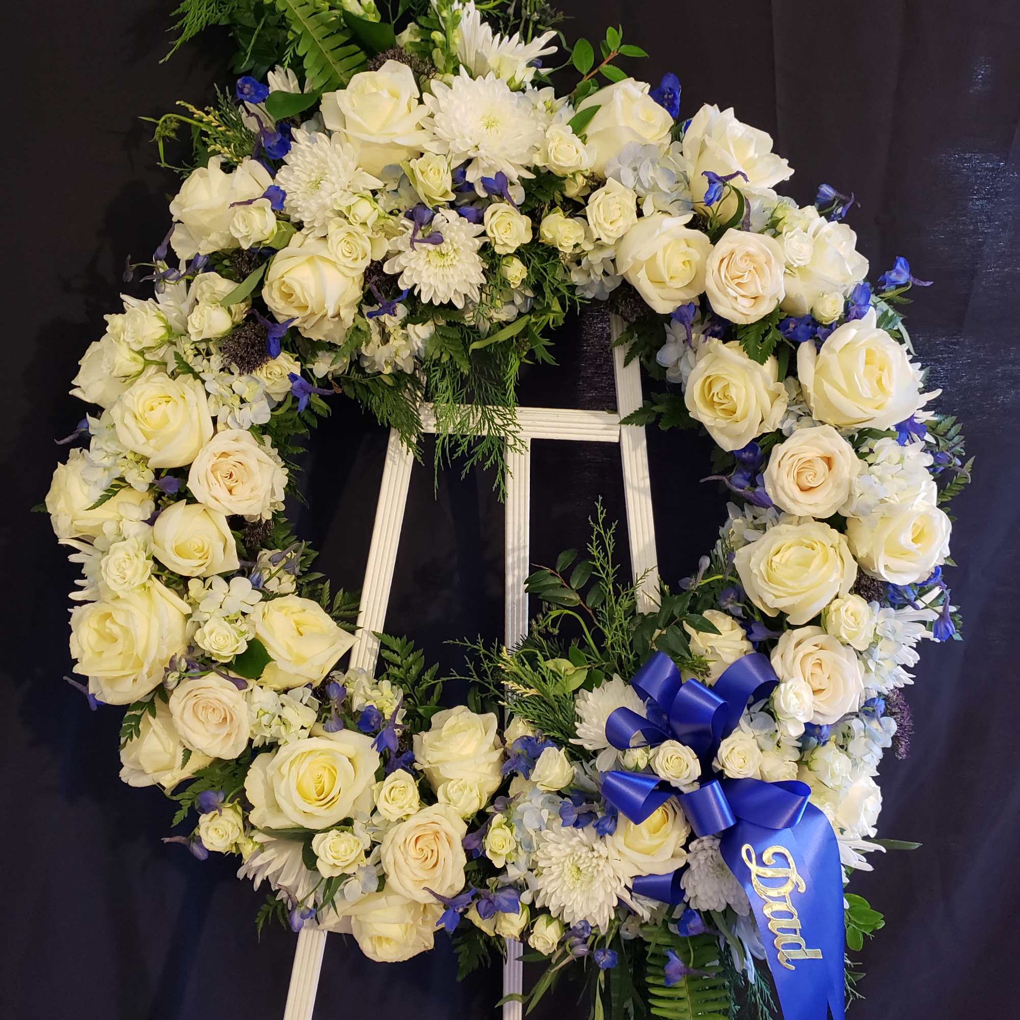 White Roses, Cushion Chrysanthemums and Blue Hydrangea create a stunning display to