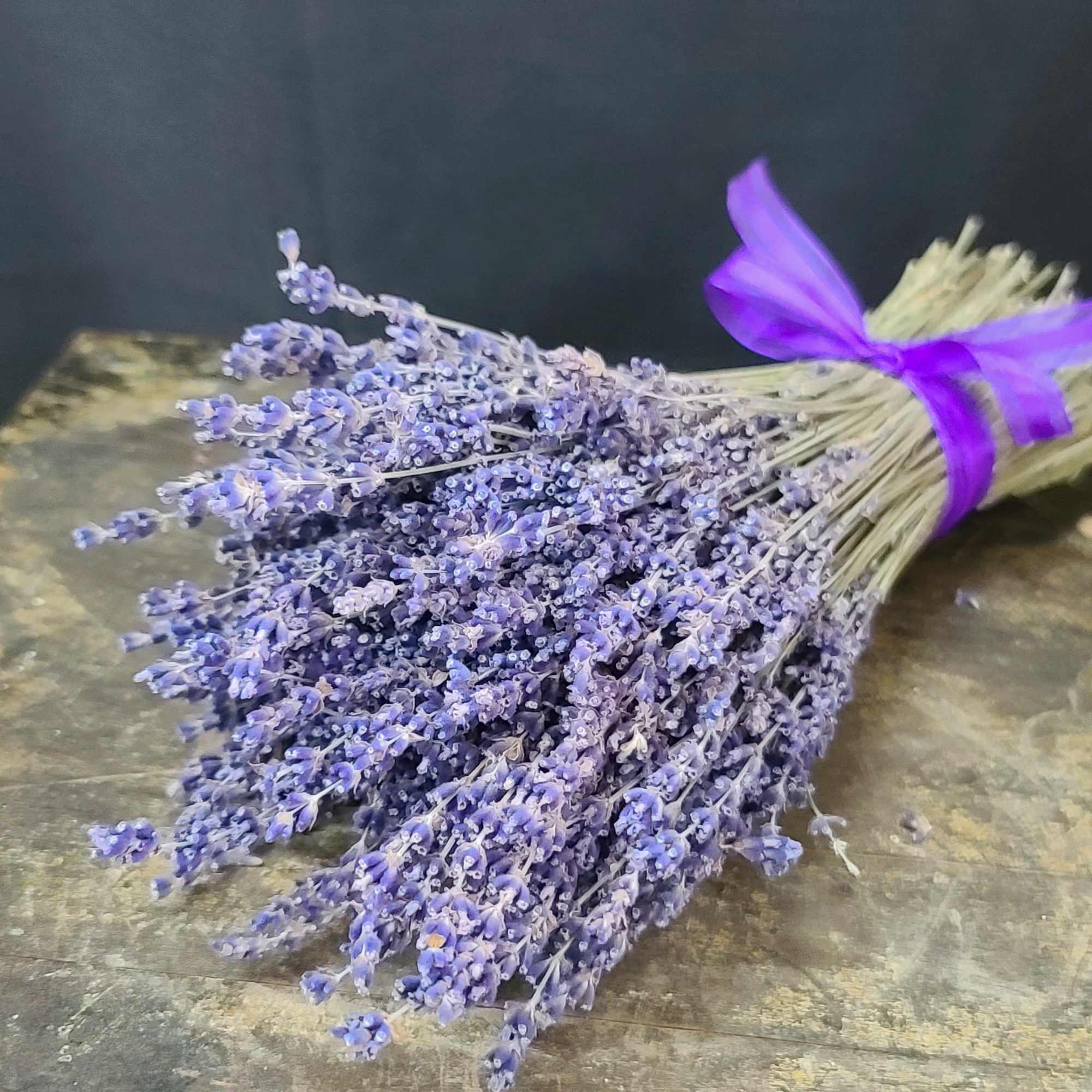 Bundle of dried lavender tied with a purple ribbon