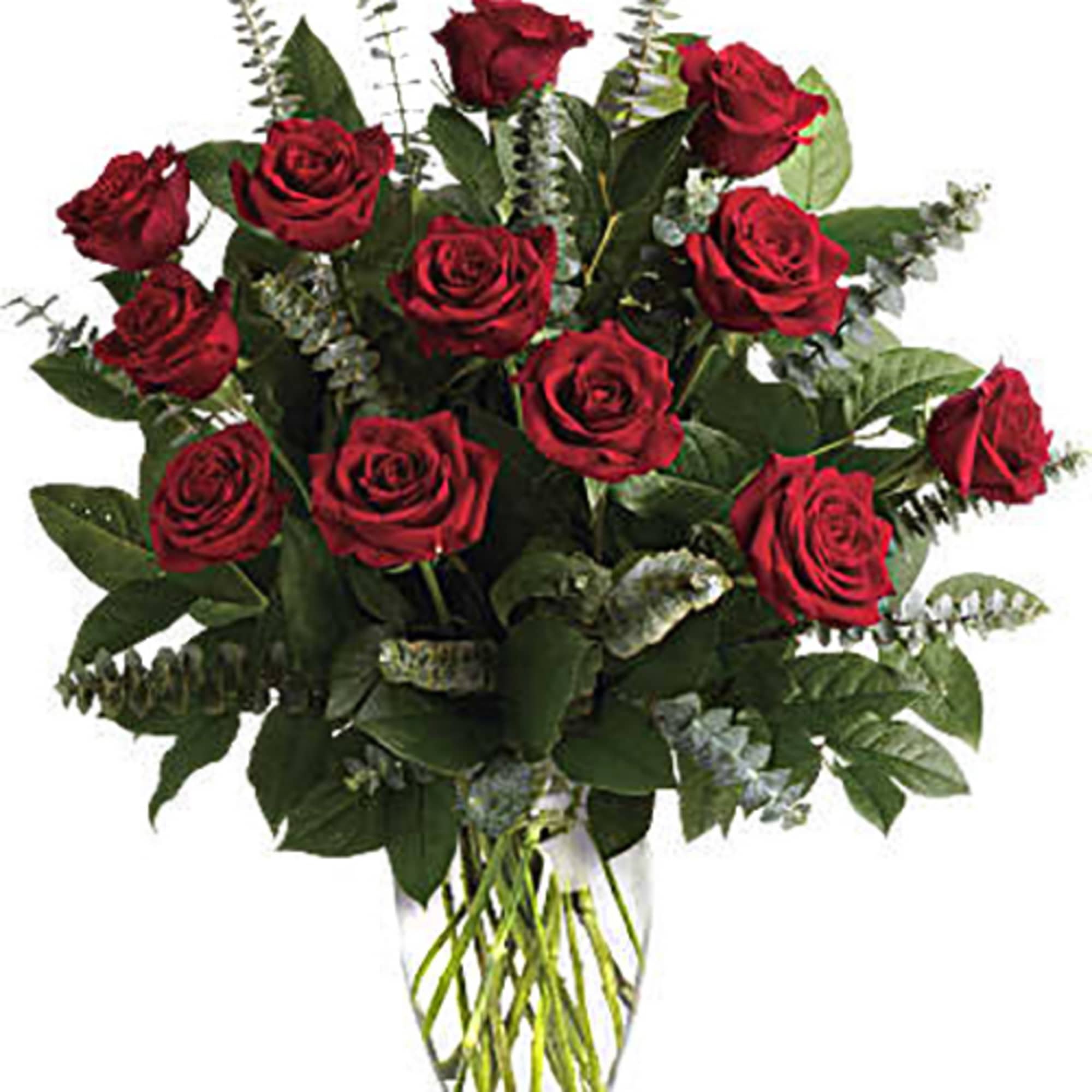 Bouquet of red roses in a clear glass vase