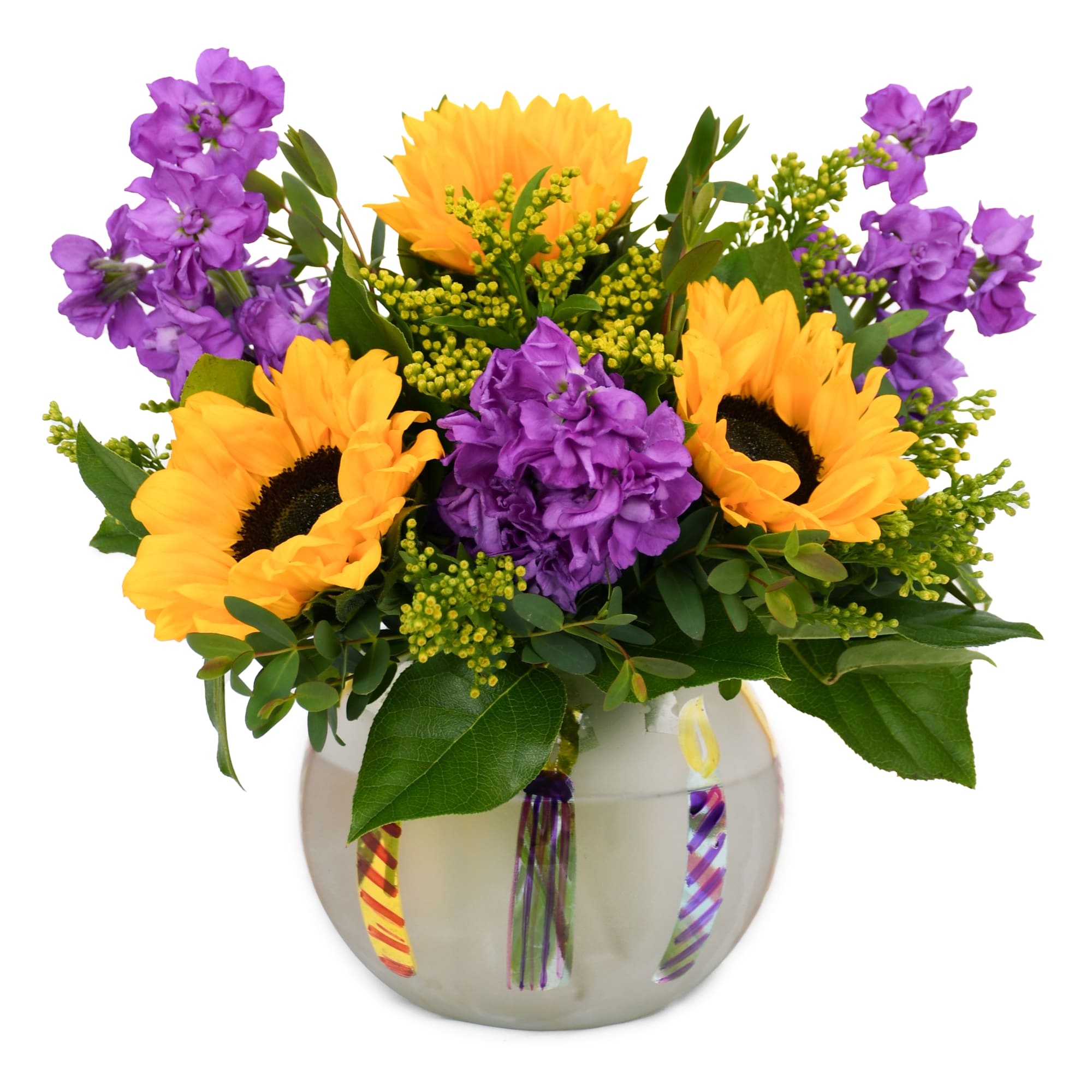 Sunflowers and purple flowers arranged in a round vase