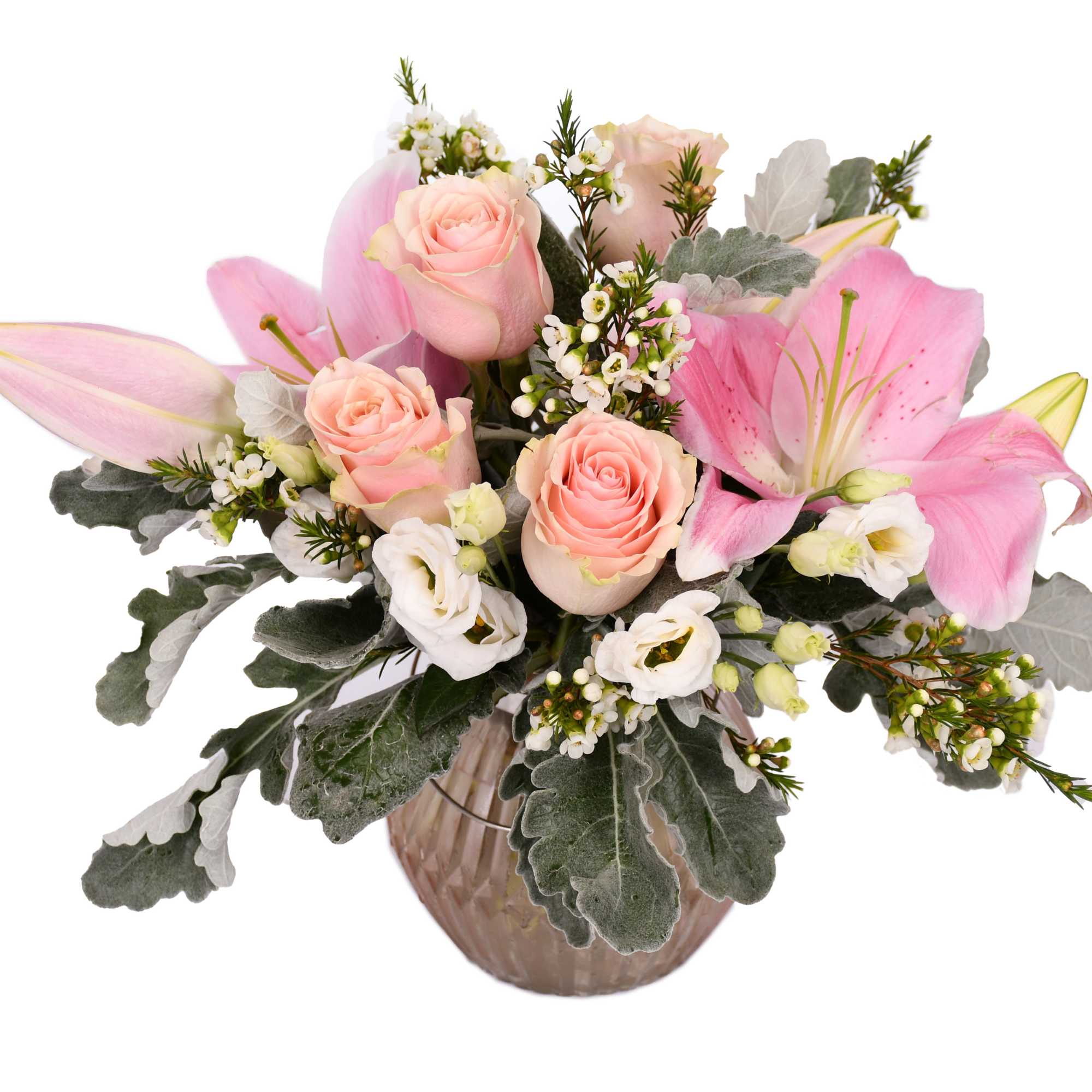 Pink lilies and roses in a glass vase