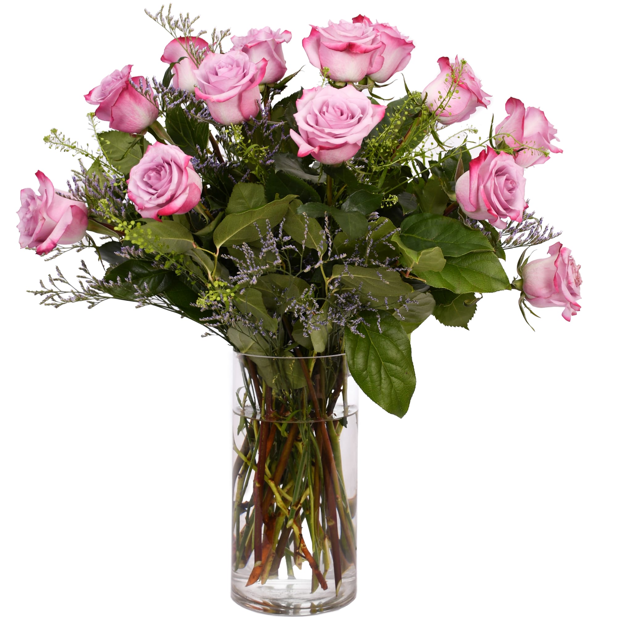 Pink roses arranged in a clear glass vase, photo 2 of 2