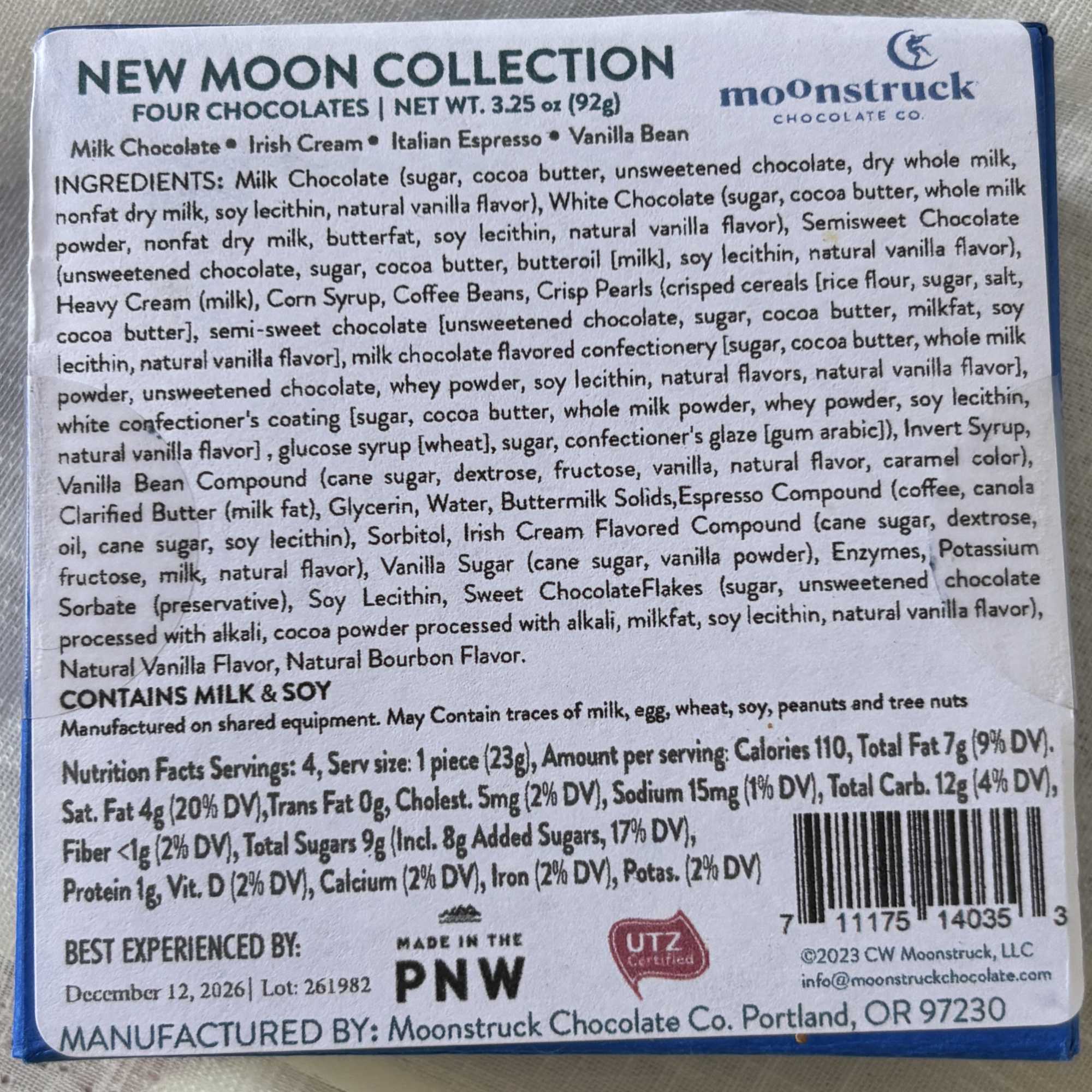 Box of assorted chocolates with printed ingredient and nutrition label