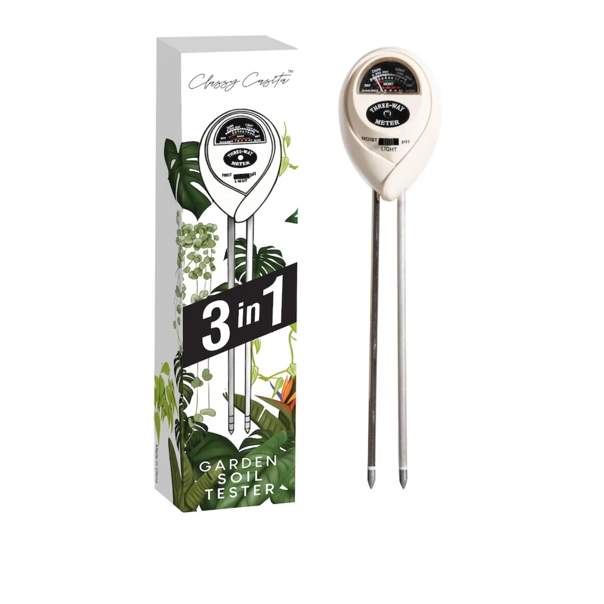 Garden soil tester with packaging and two metal probes