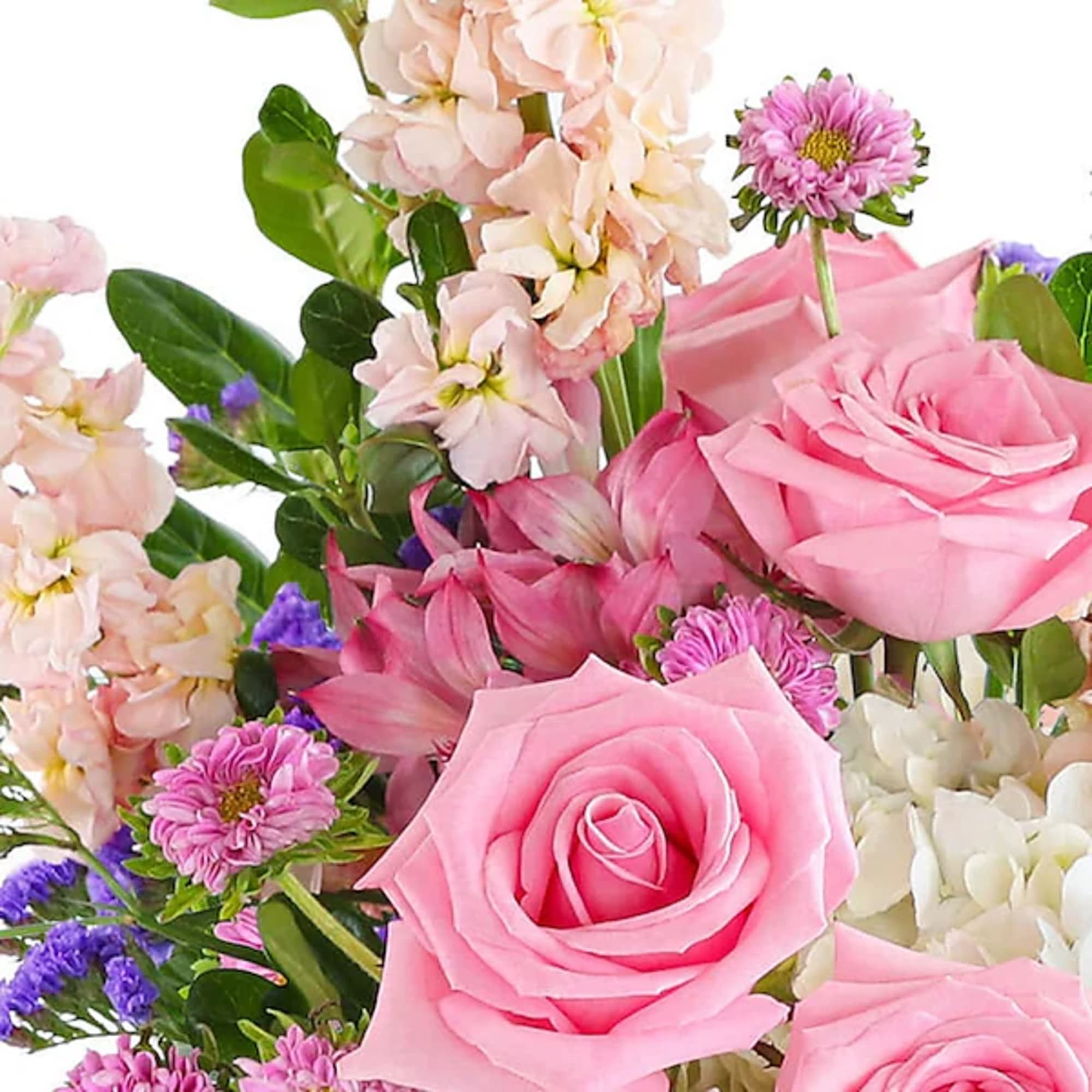 Pink roses with mixed pastel flowers and purple accents