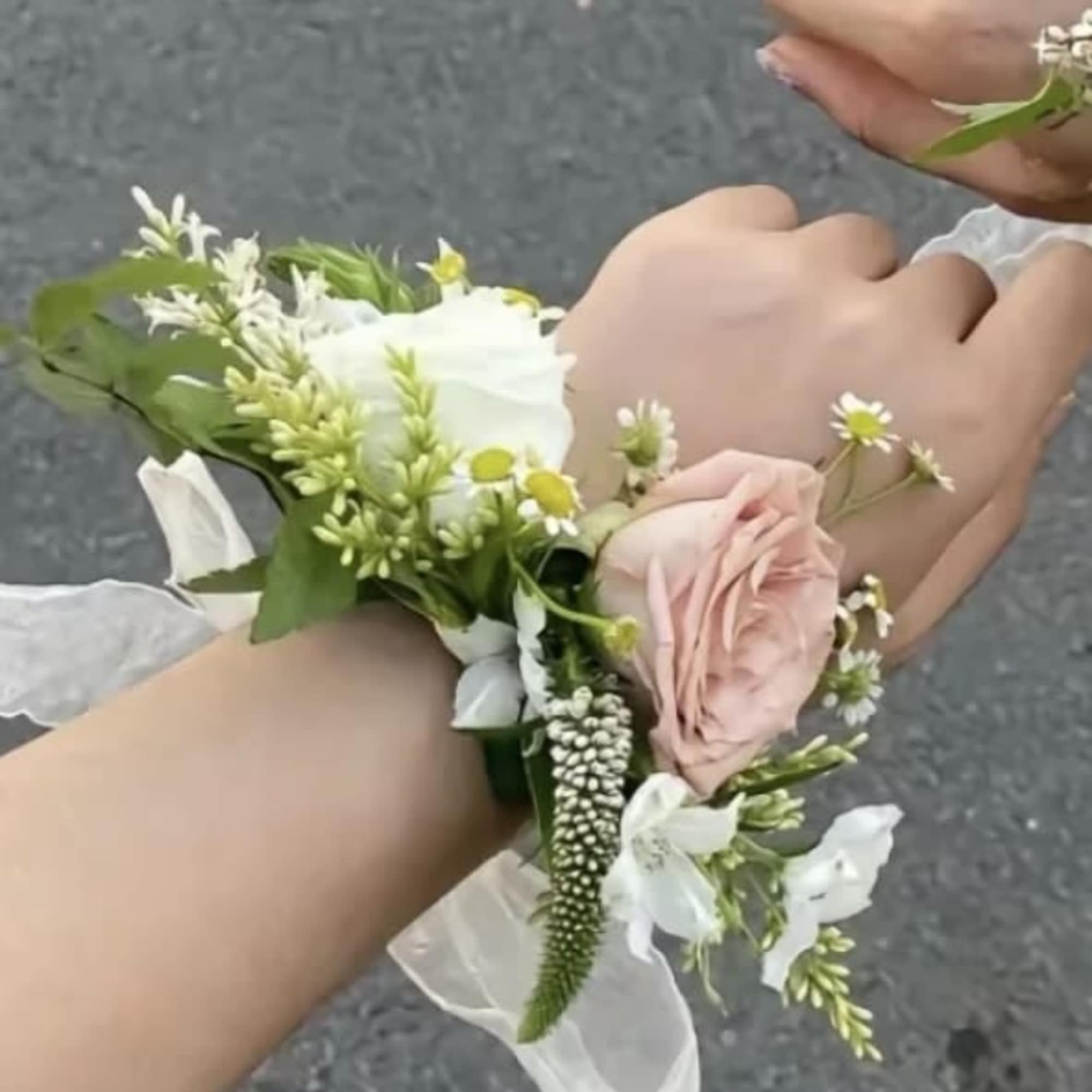 Two wrists wearing small floral corsages with pink and white flowers