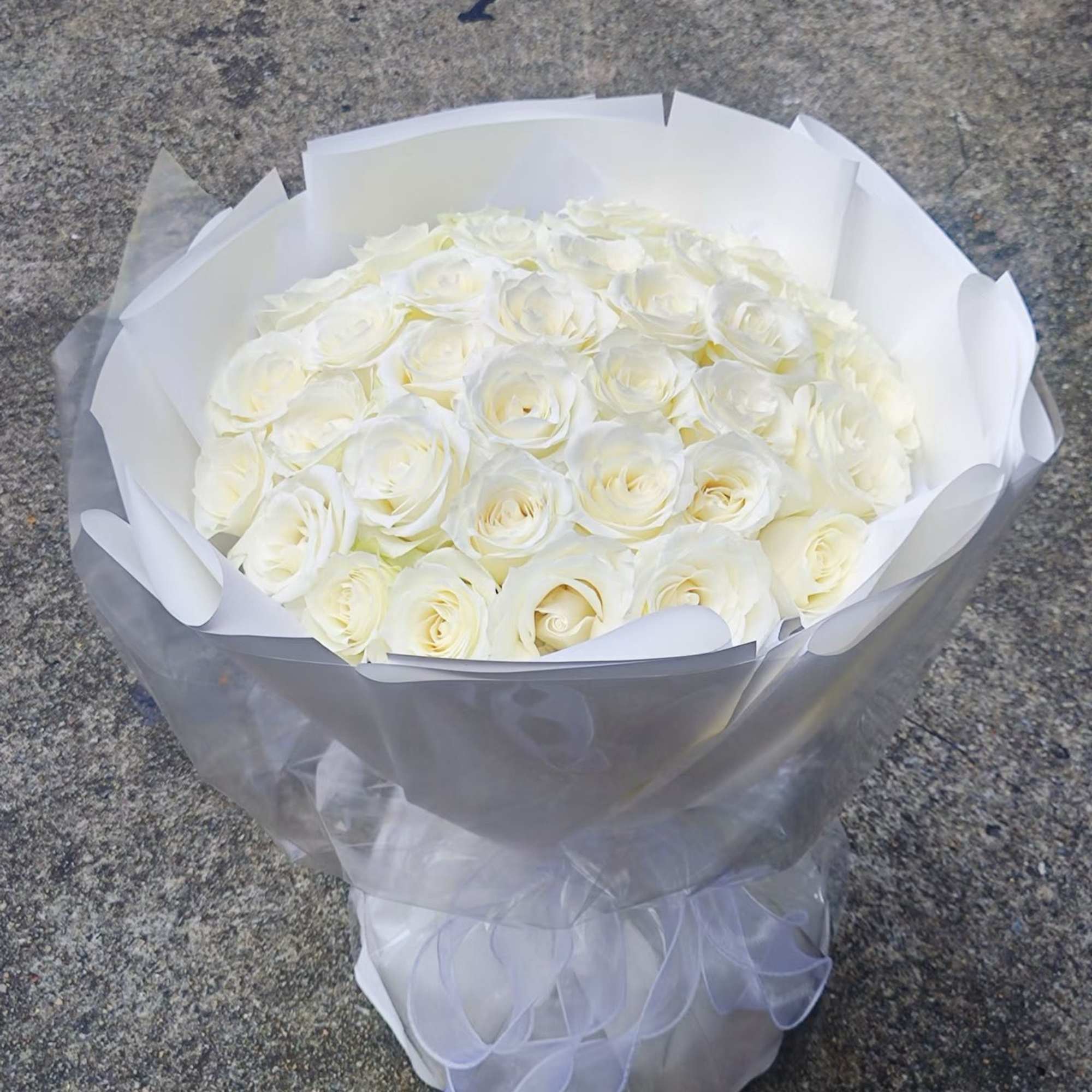 Bouquet of white roses wrapped in white paper and sheer ribbon, photo 2 of 3