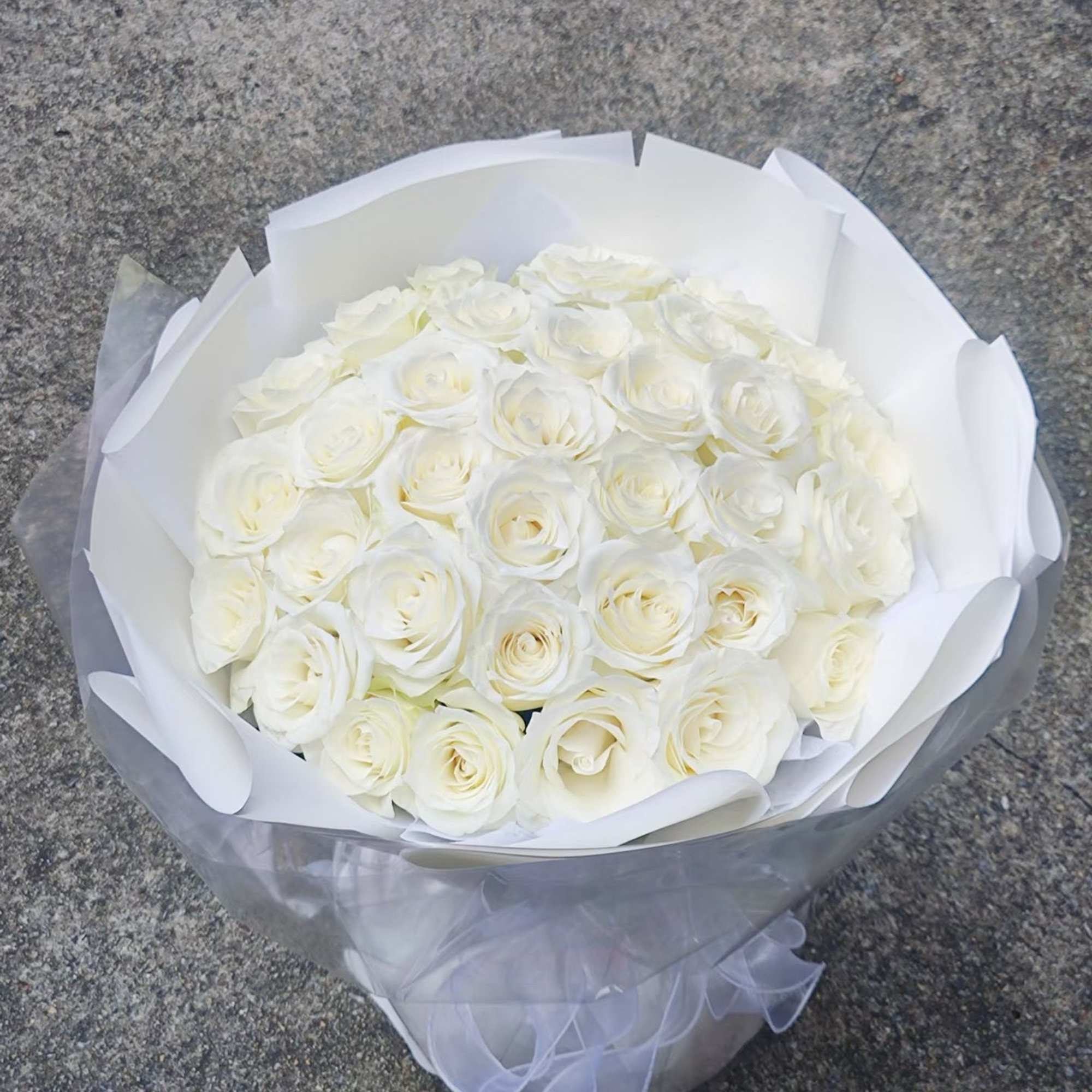 Bouquet of white roses wrapped in white paper and sheer ribbon, photo 3 of 3