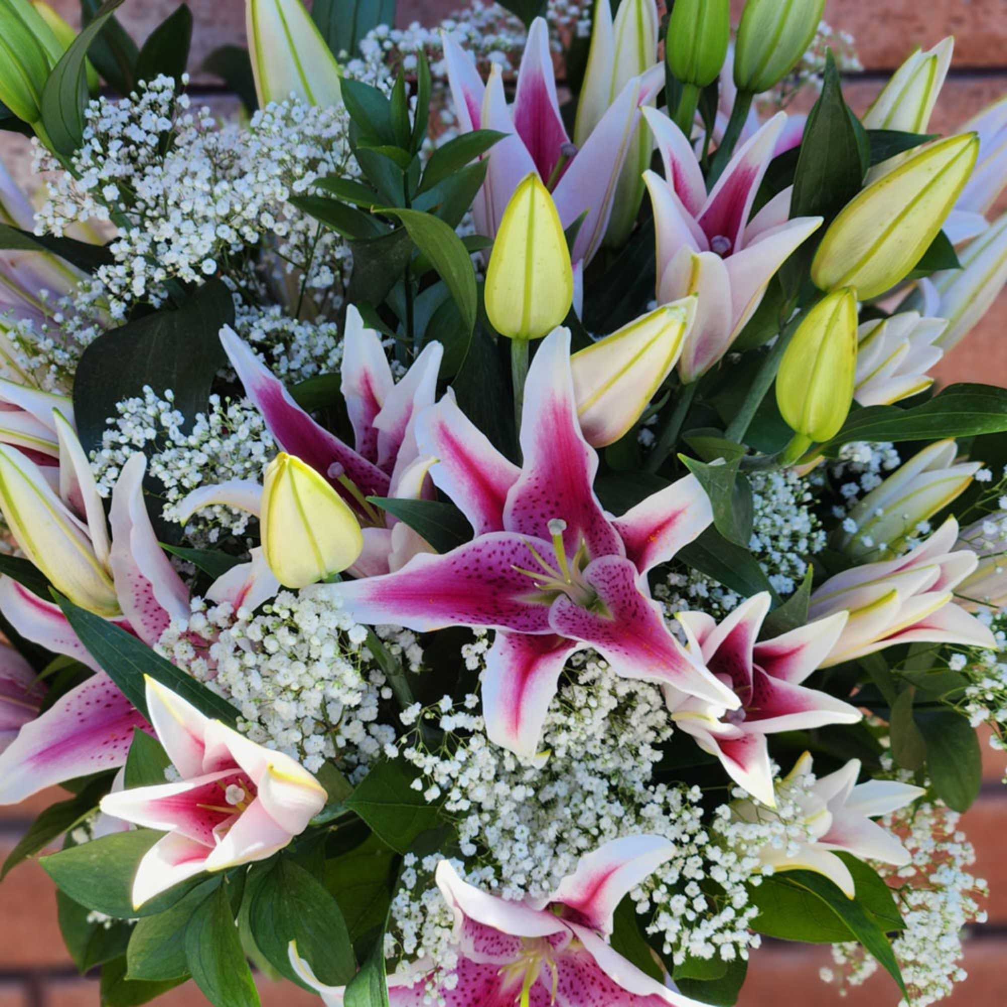 Bouquet of pink and white lilies with yellow buds and white filler flowers.
