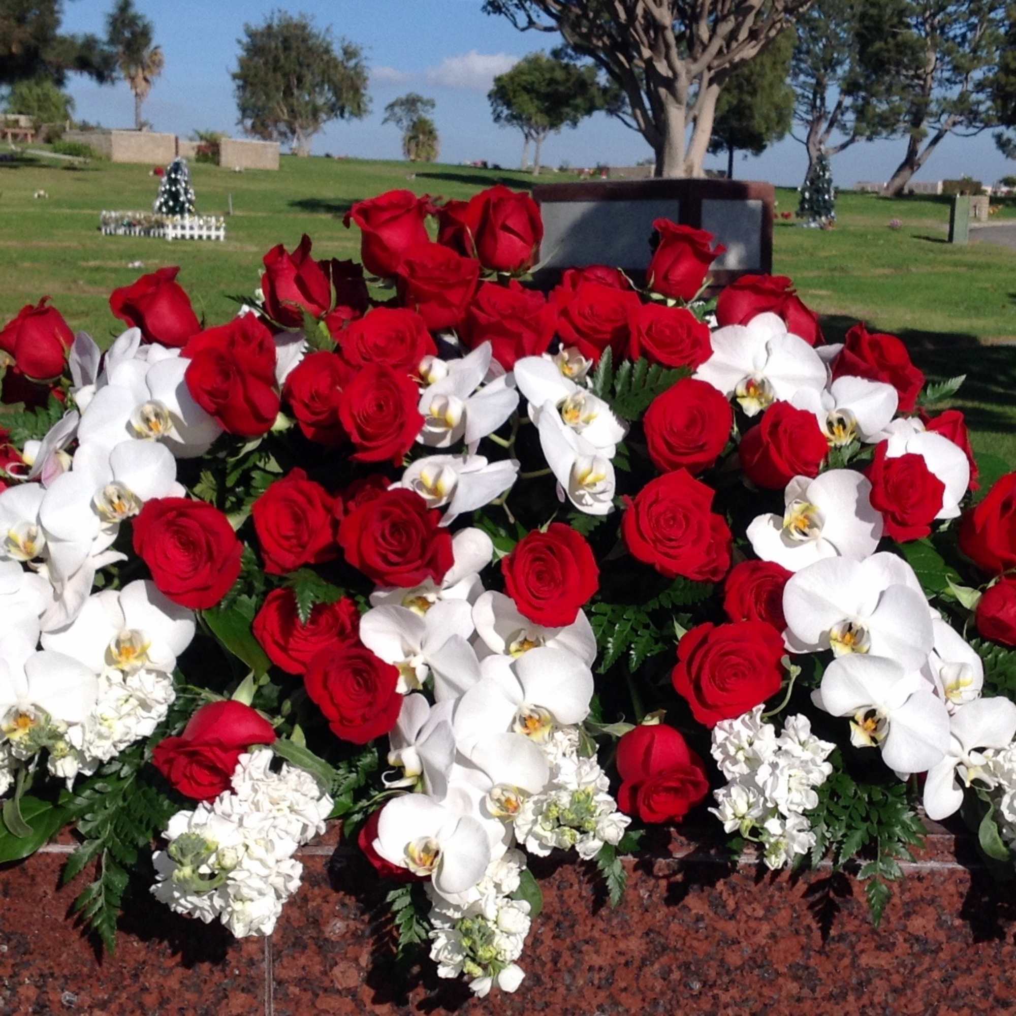 Red roses and white orchids arranged on a grave marker