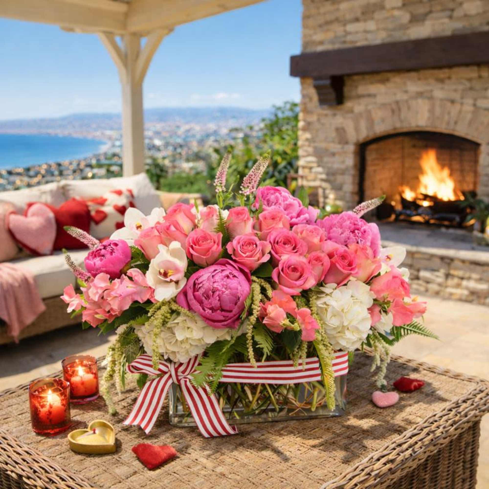 Pink and white floral arrangement in a glass vase with a striped ribbon