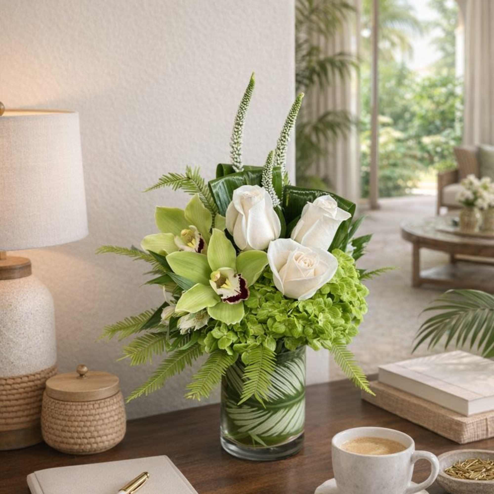 White roses and green orchids in a glass vase