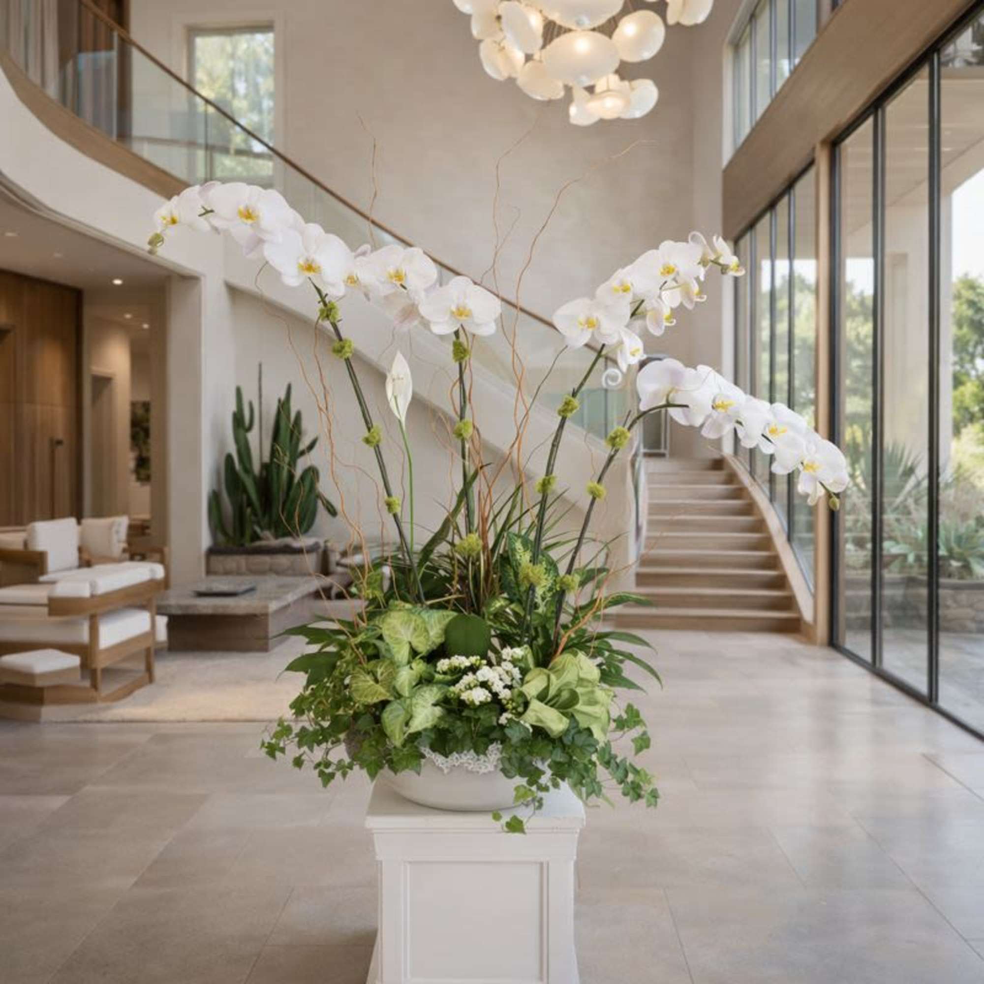 Tall white orchid arrangement in a low bowl on a pedestal