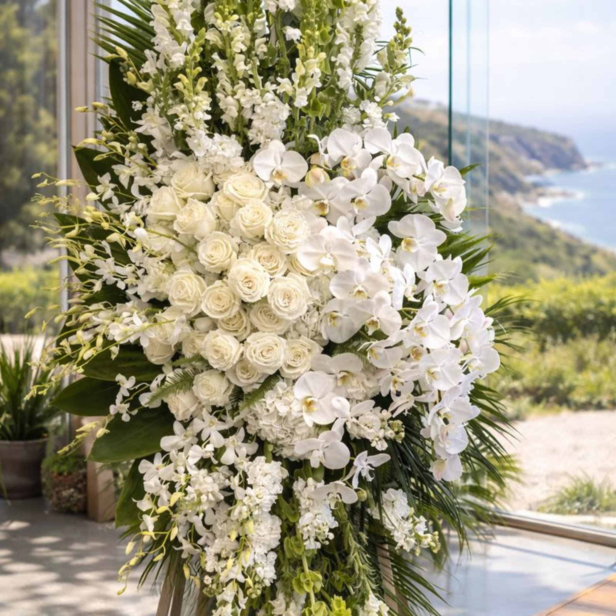 Tall white floral arrangement with roses and orchids on an easel