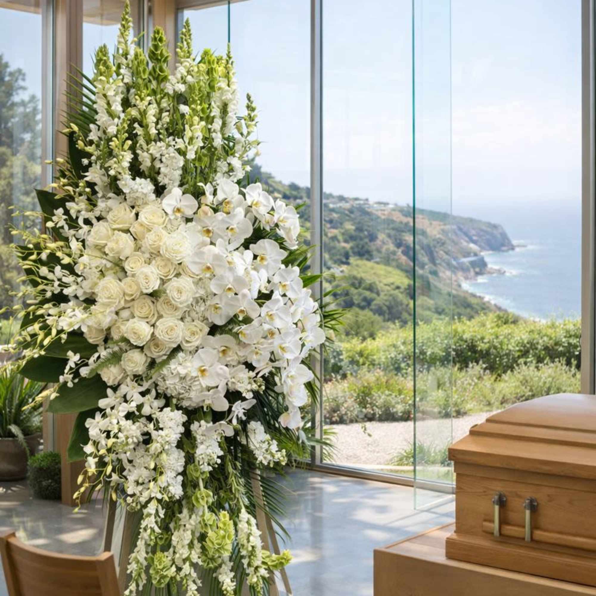 Tall white floral funeral spray beside a wooden casket in a bright chapel