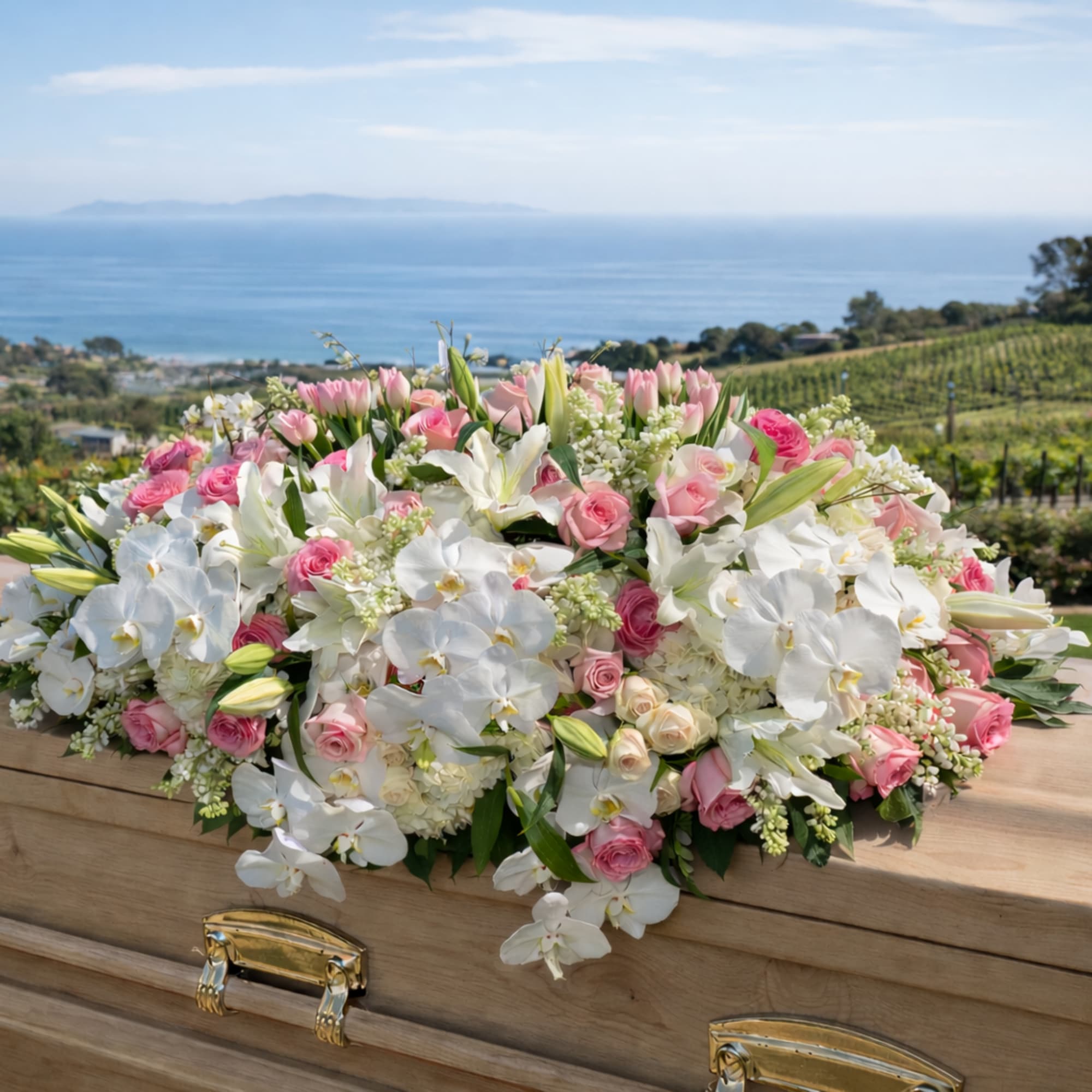 White and pink floral casket spray on a wooden casket