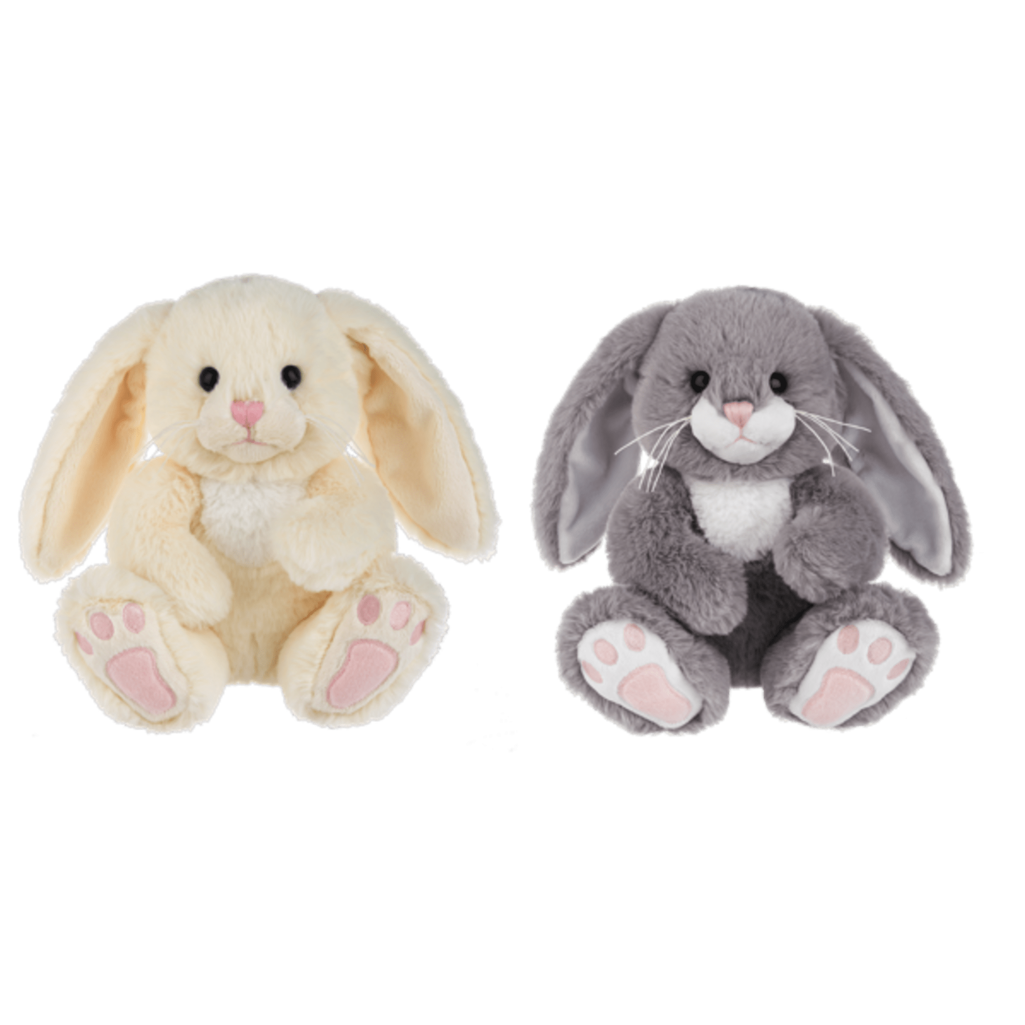 Two plush bunny toys, one cream and one gray, sitting side by side