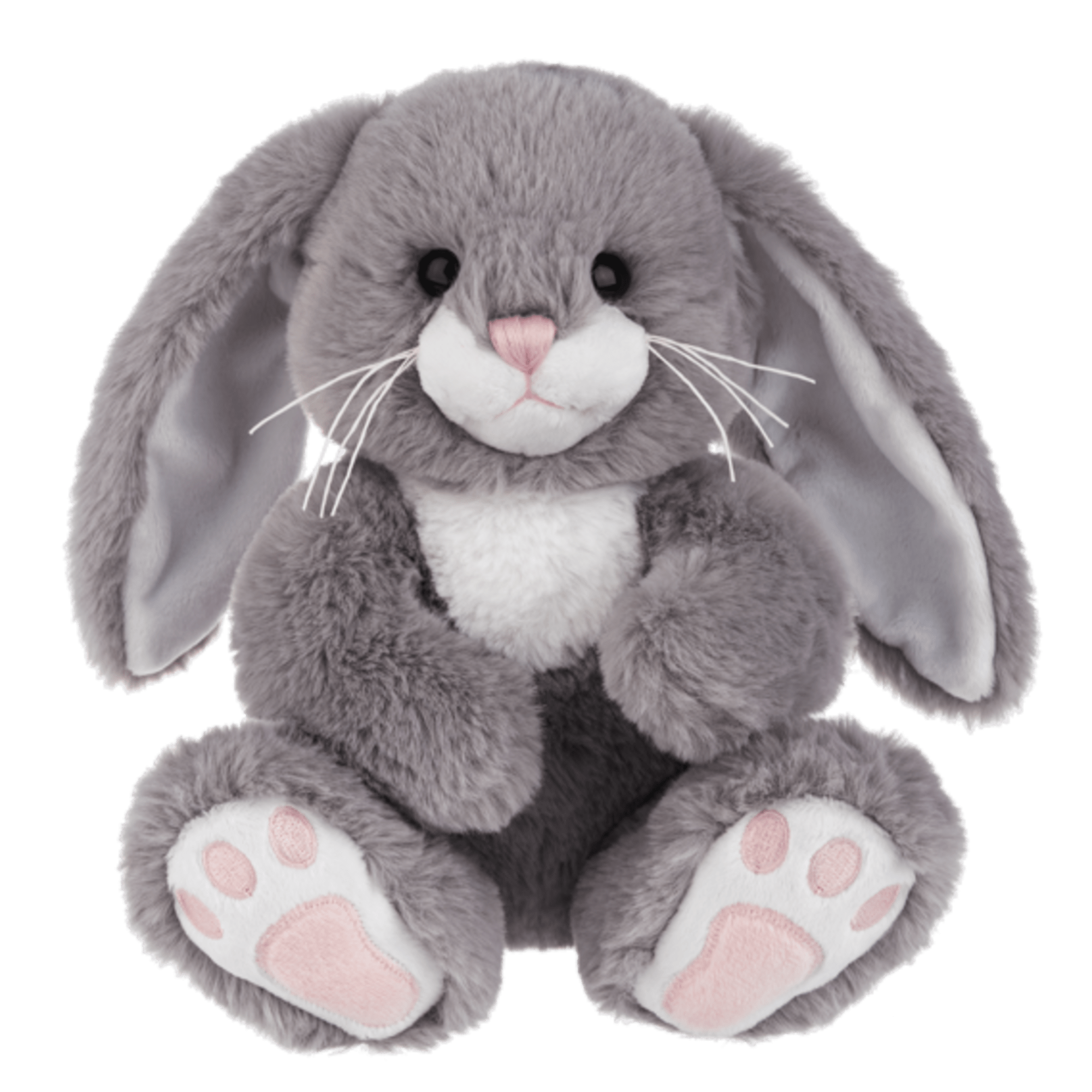 Gray plush bunny with pink nose and white paws
