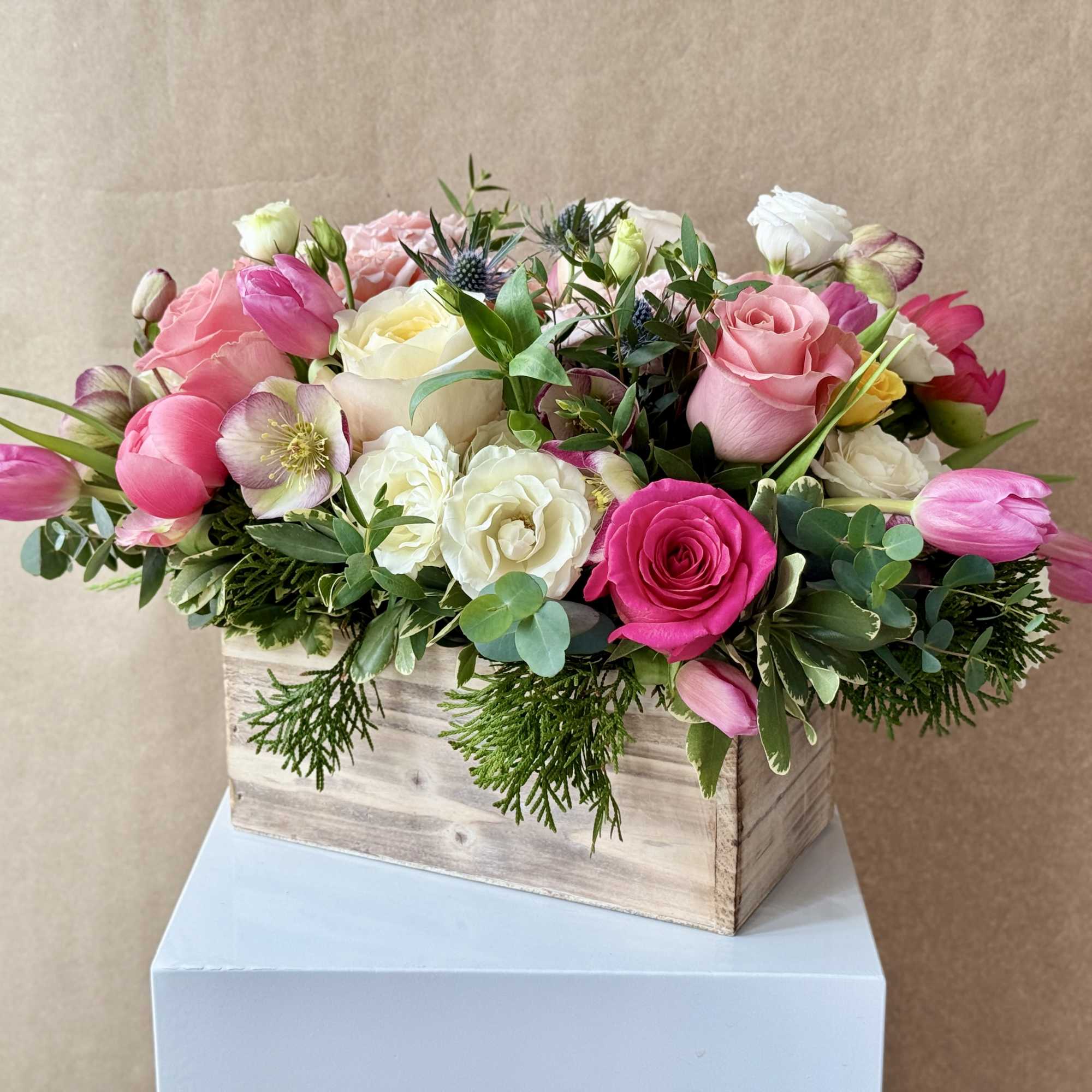 Spring is around the corner in this wooden box filled with Tulips, photo 2 of 4