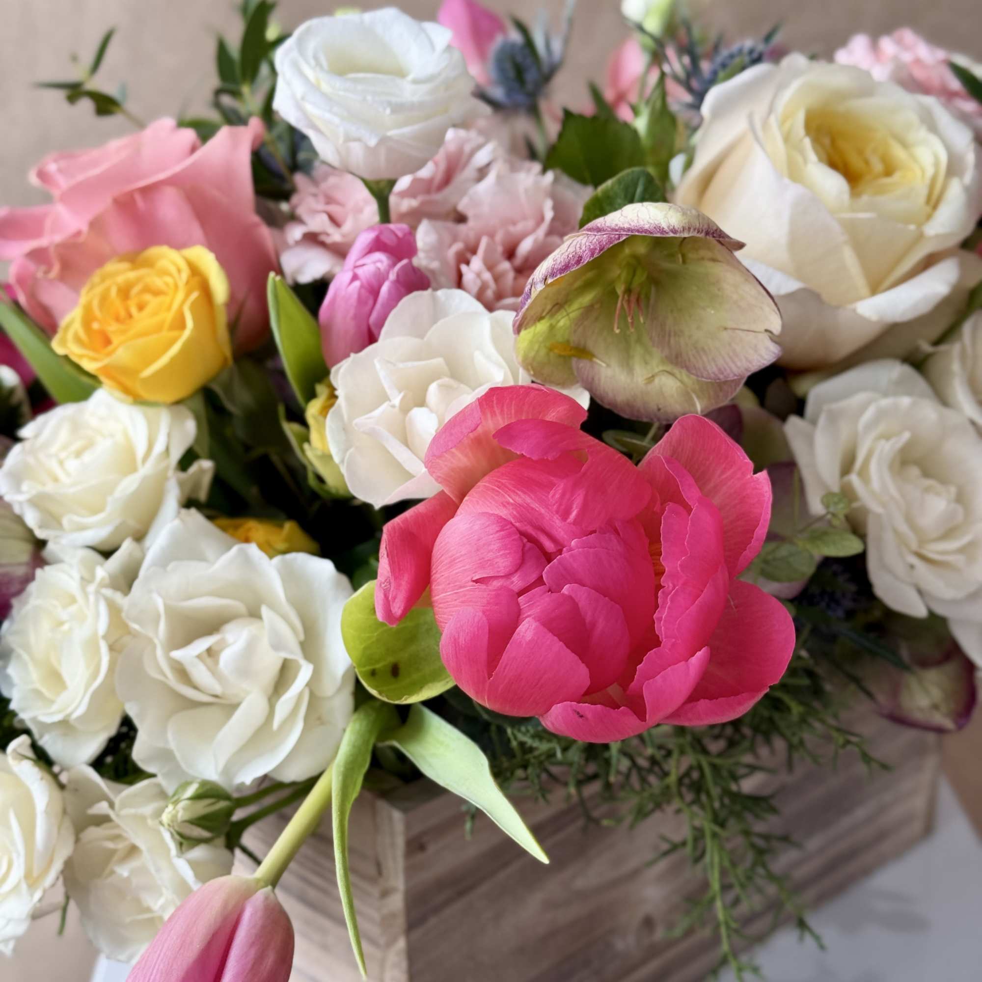 Spring is around the corner in this wooden box filled with Tulips, photo 3 of 4