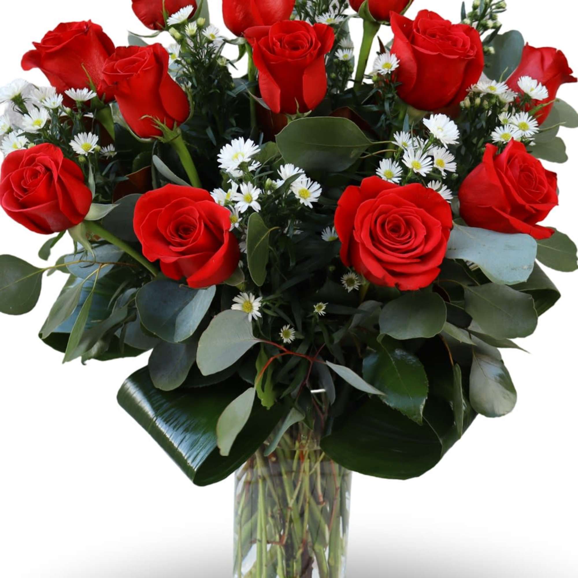 Bouquet of red roses and small white daisies in a clear glass vase