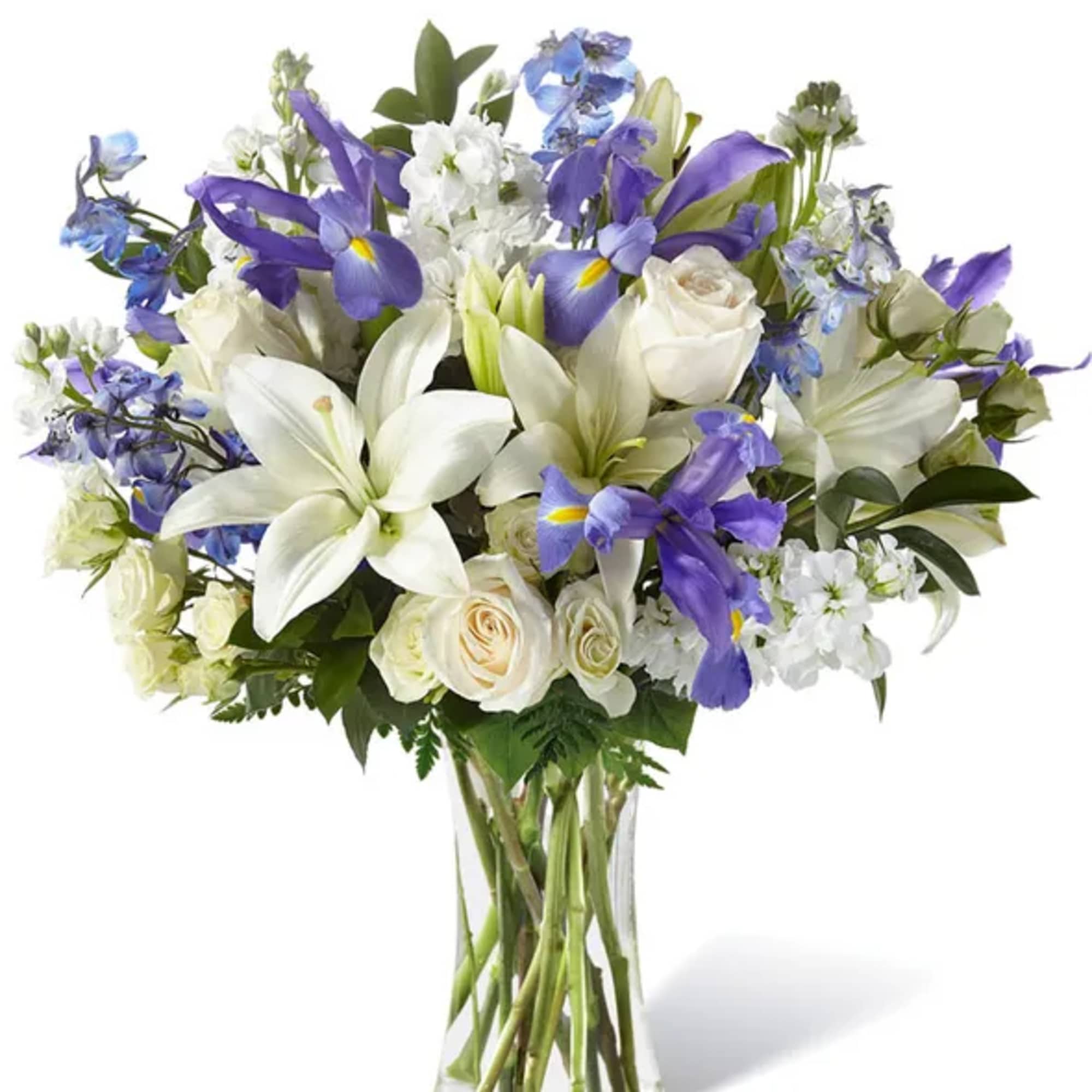 Our Calming Comfort Bouquet is crafted with iris, lilies, stock and delphinium.