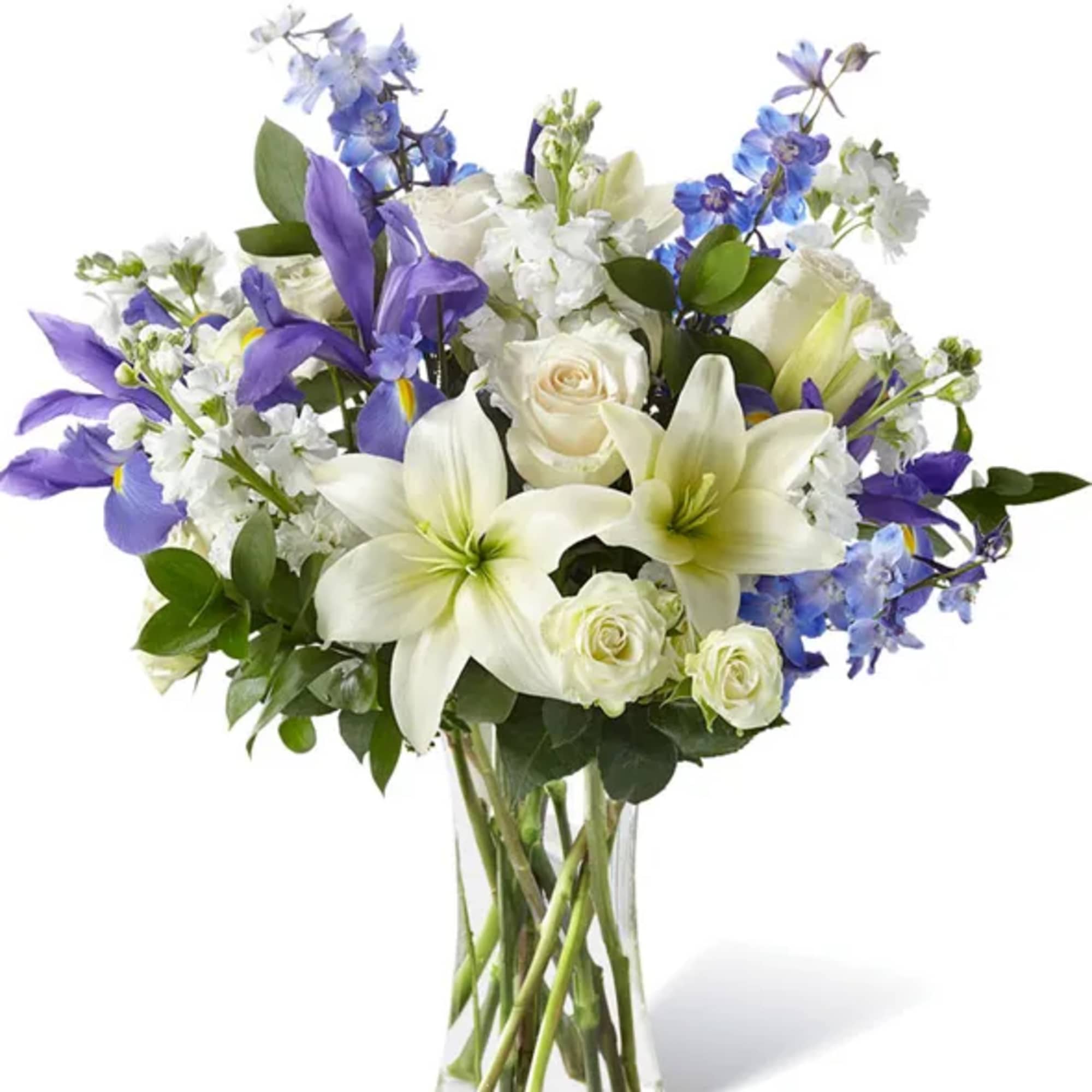 Our Calming Comfort Bouquet is crafted with iris, lilies, stock and delphinium.