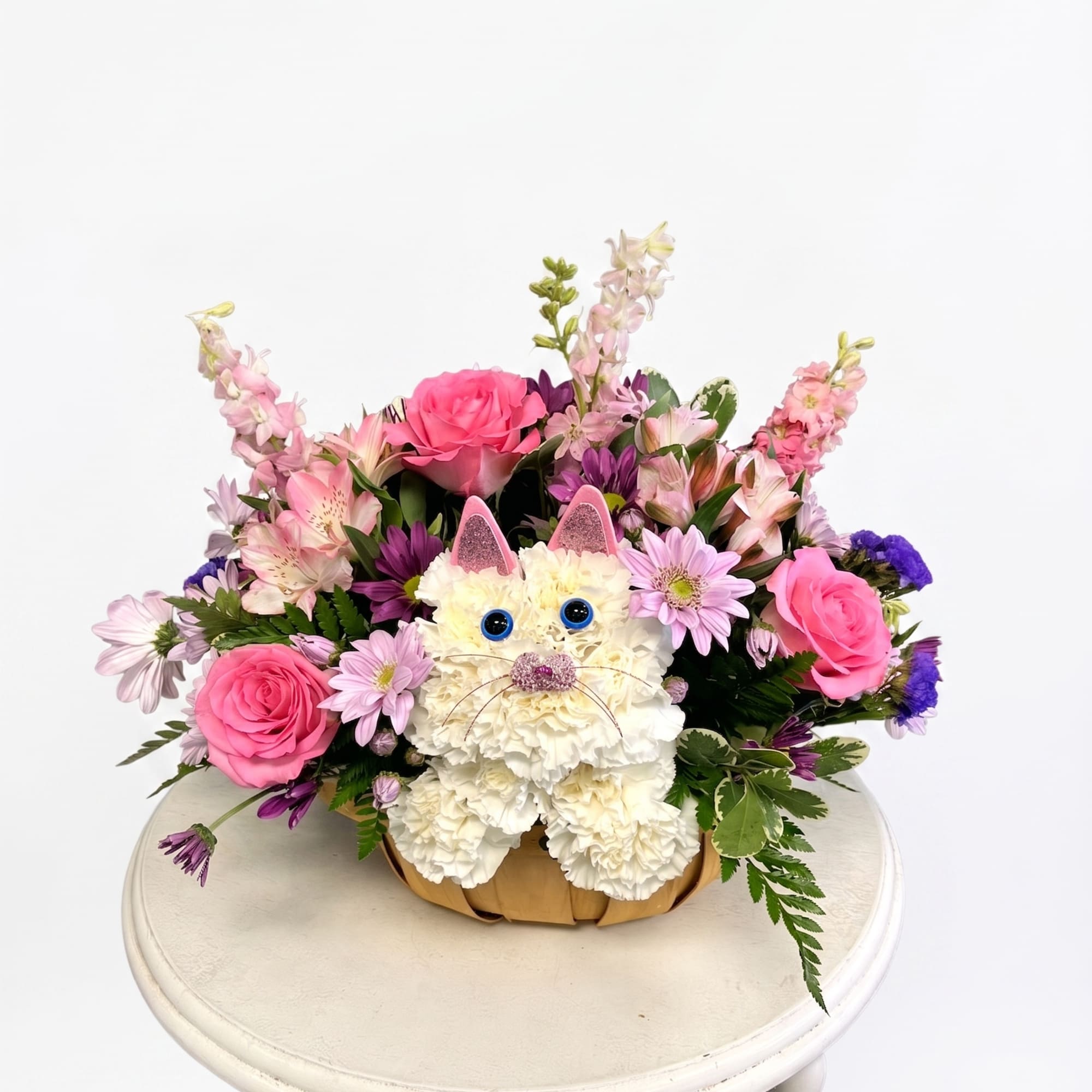 Our playful cat is a fun way to send flowers to a