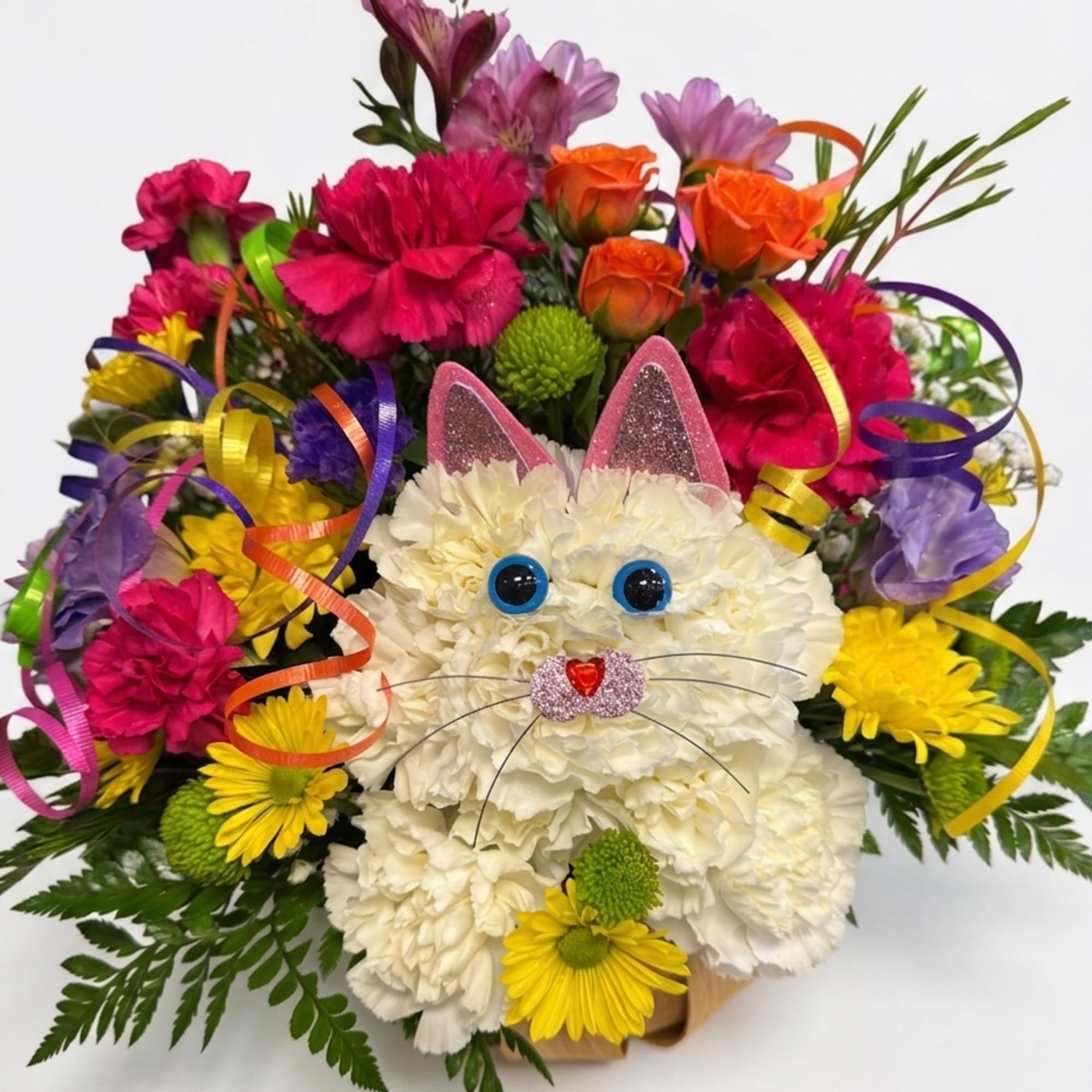 Our playful cat is a fun way to send flowers to a