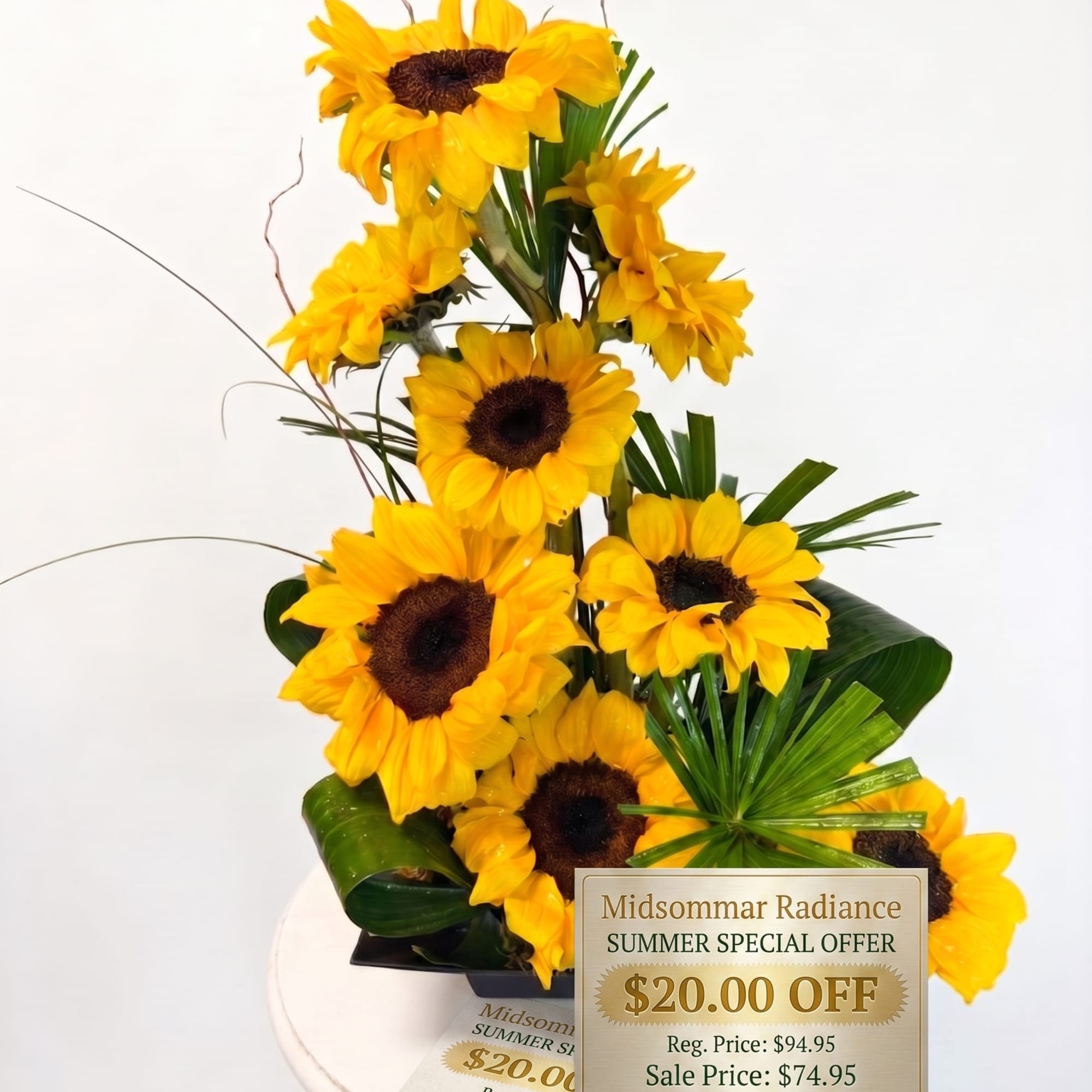 A dramatic, towering column of brilliant sunflowers rises in a bold, geometric, photo 2 of 2