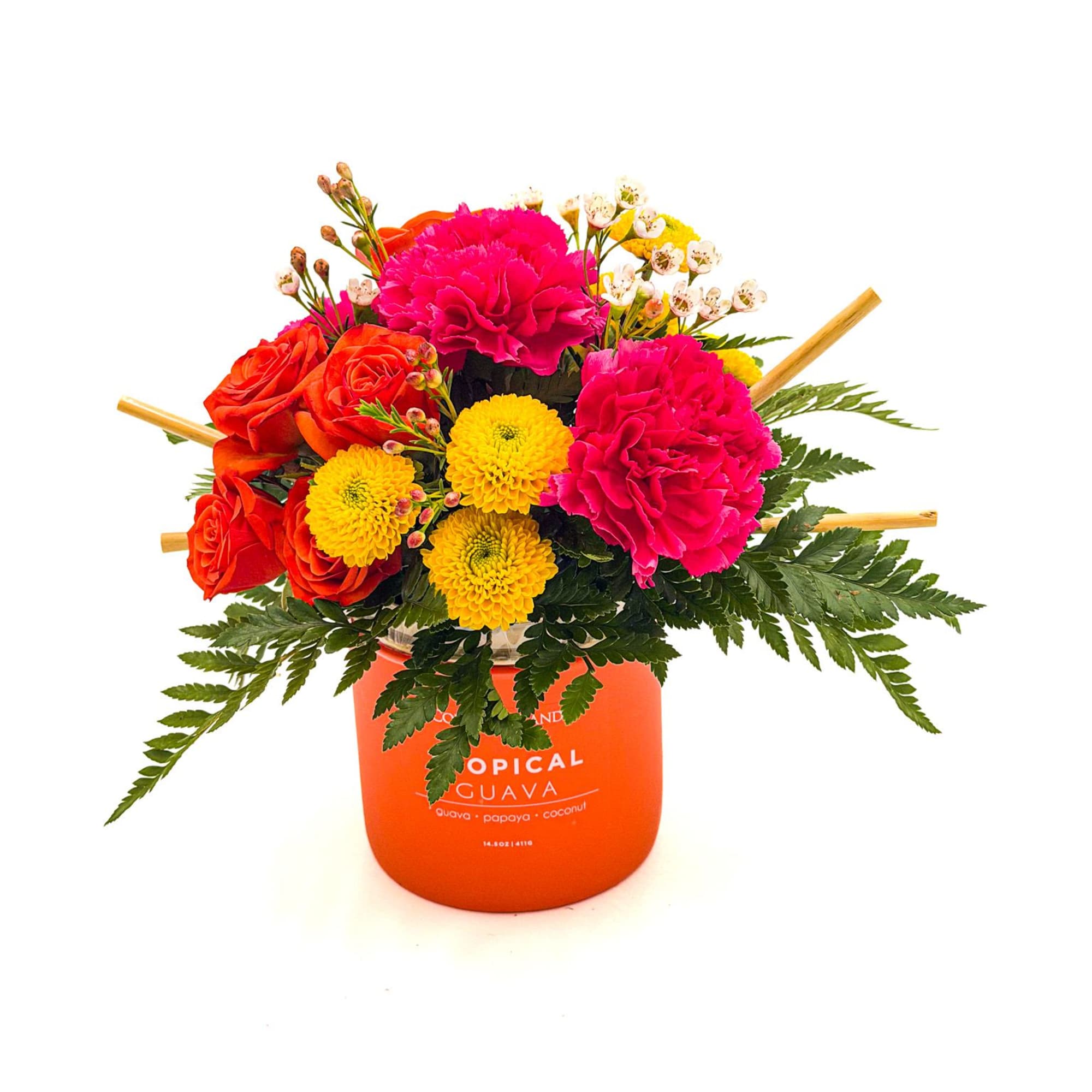 Bright and playful, this arrangement pairs vibrant orange roses with hot pink, photo 2 of 2