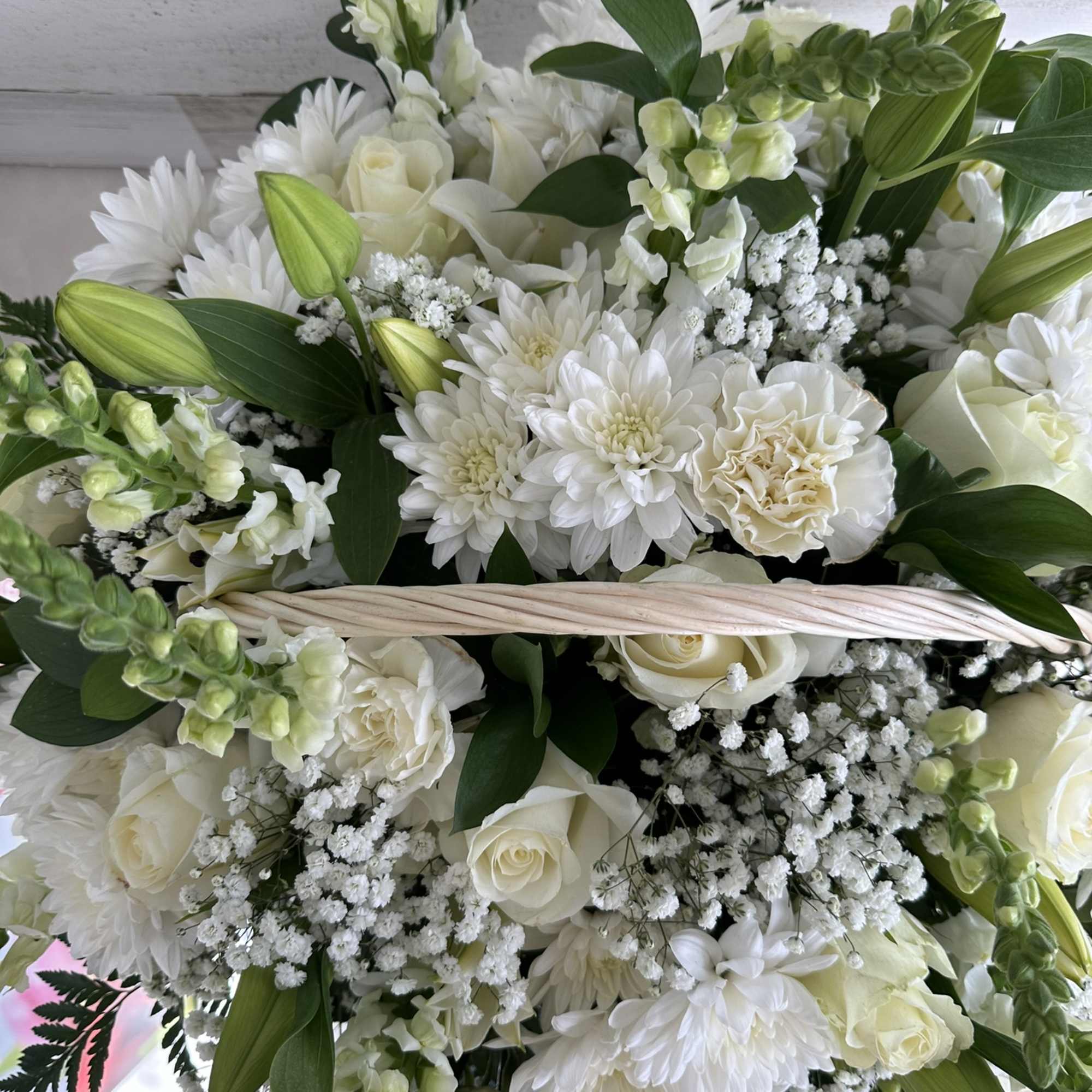 White floral bouquet with roses, chrysanthemums, and lilies
