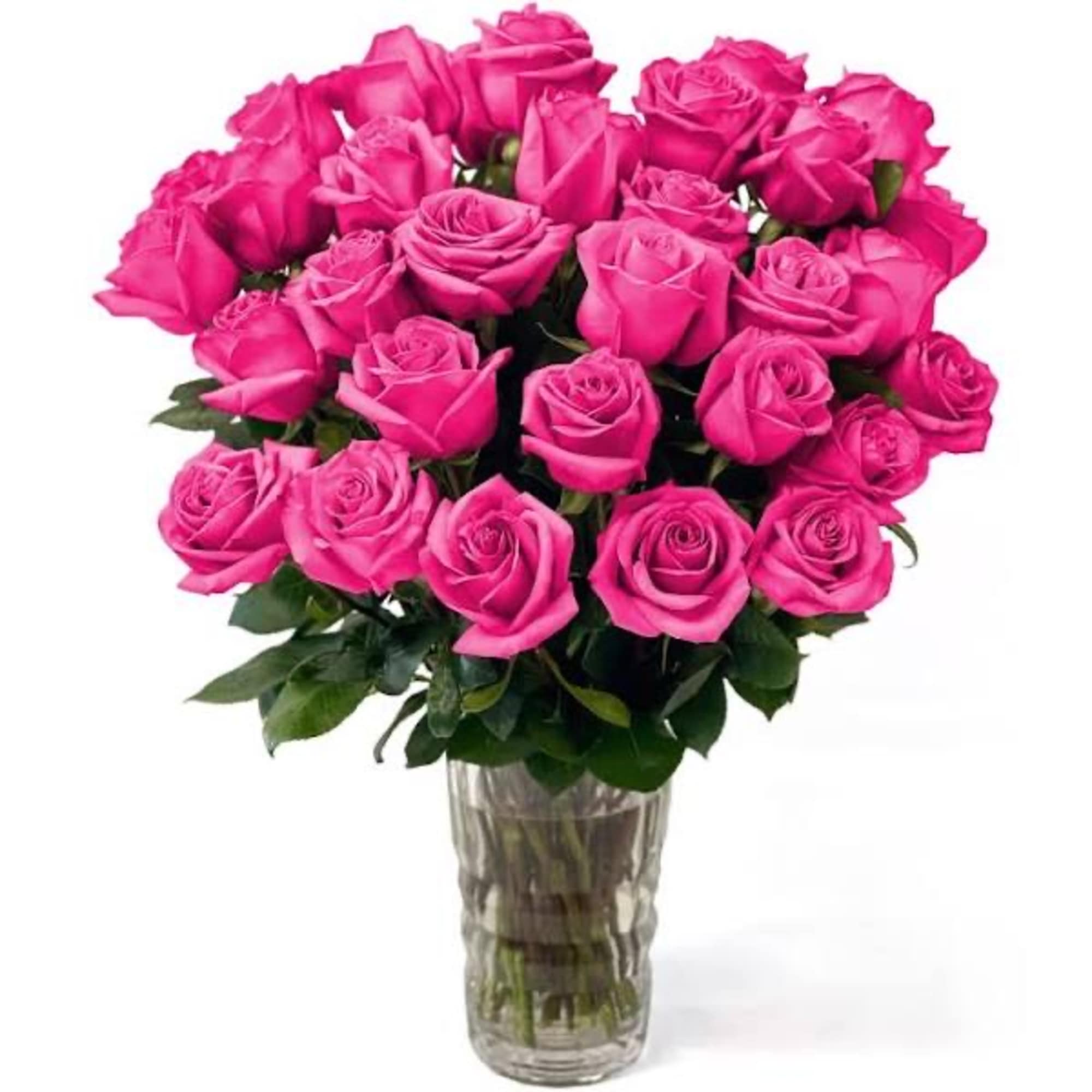 Bouquet of bright pink roses in a clear glass vase