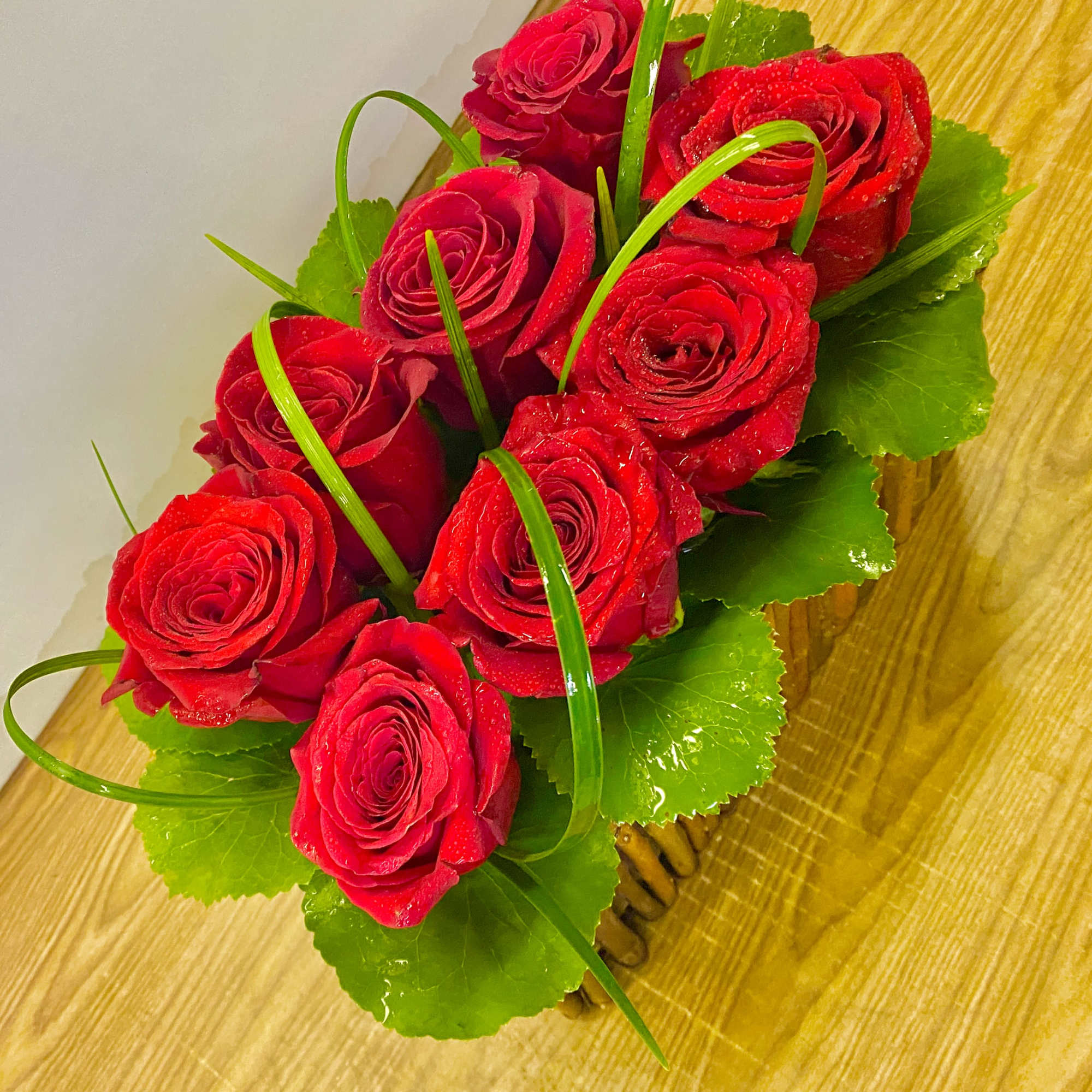 10 red roses in a wood basket , photo 3 of 3