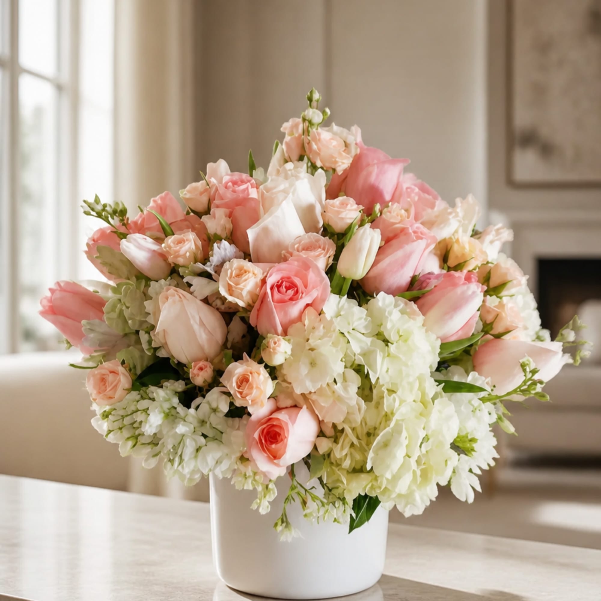 Pink and white bouquet in a white vase