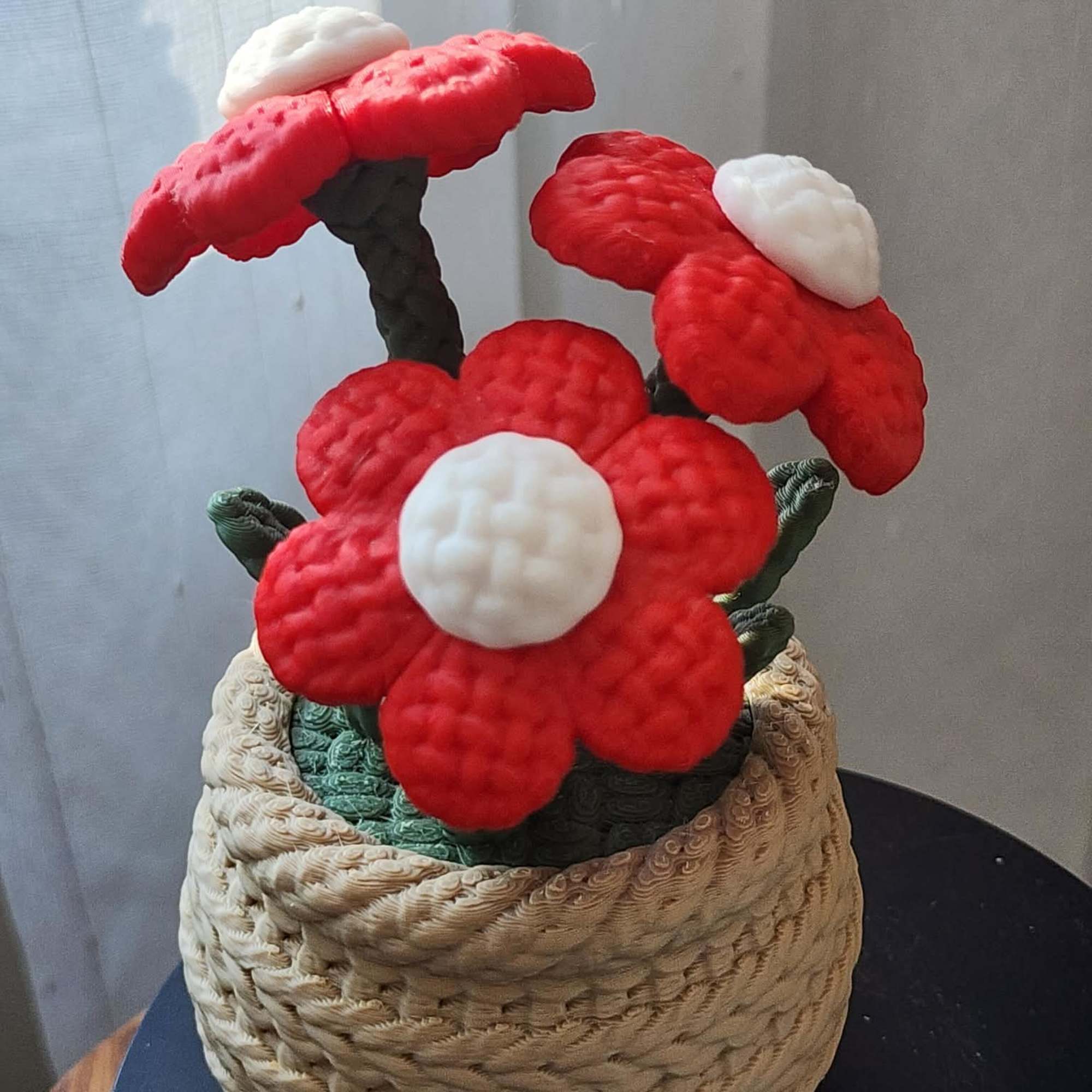 Basket with red and white decorative flowers