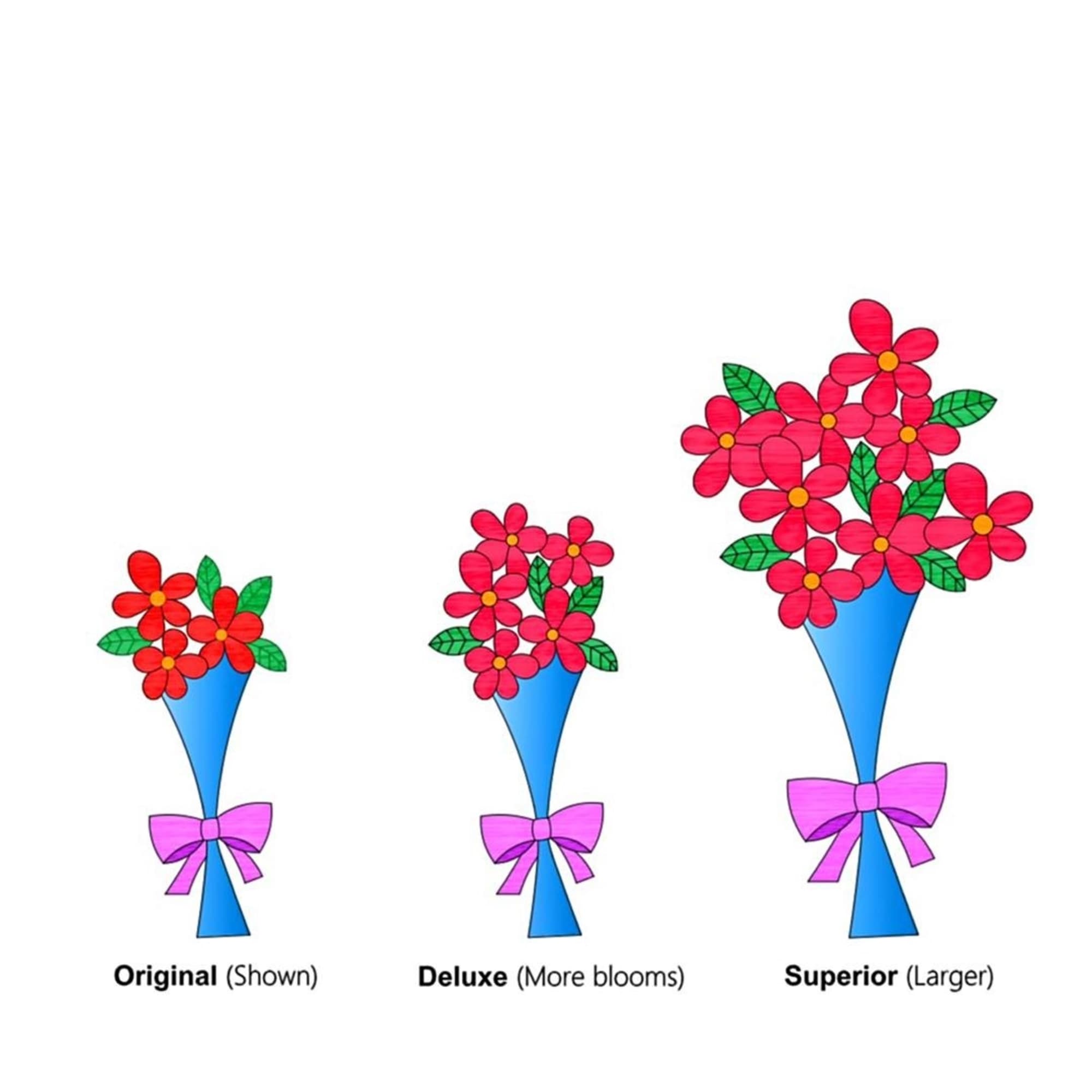 Three illustrated bouquets with pink flowers in blue wraps and purple bows
