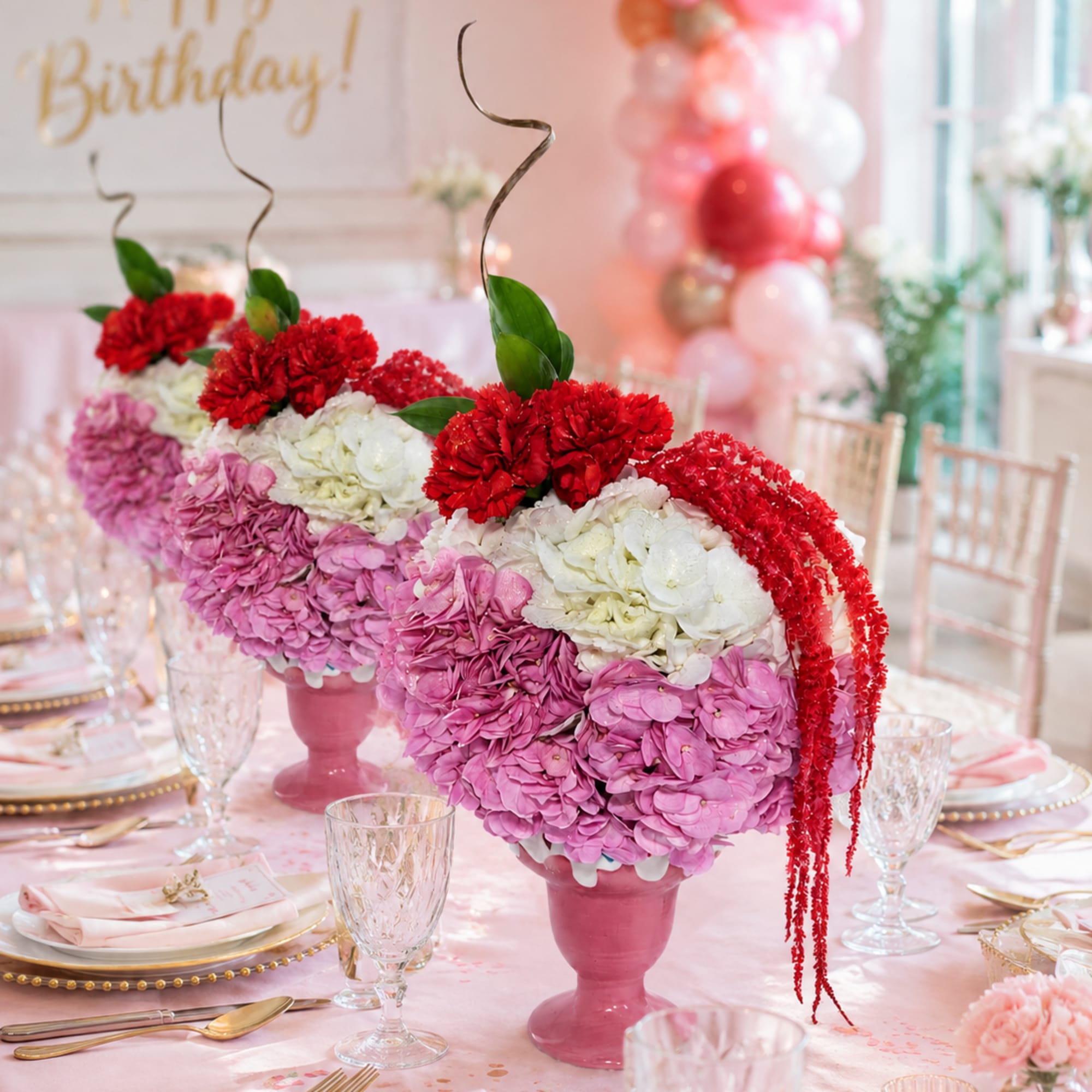 Pink and white floral centerpieces on a birthday table with red accents
