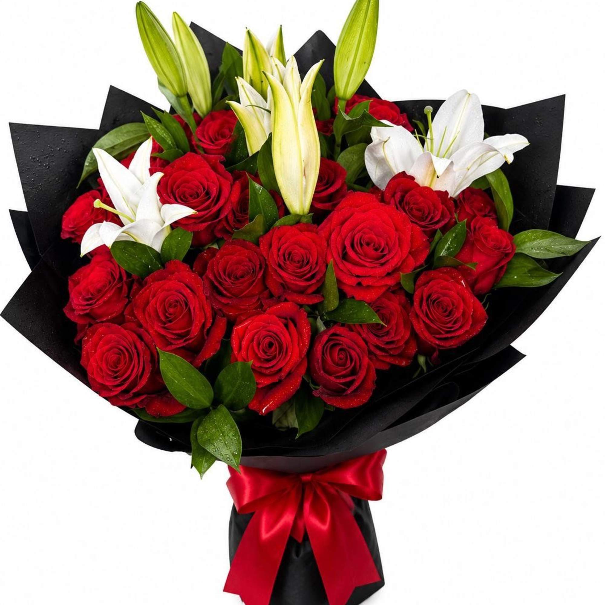 20 premium red roses, fragrant white lilies, lush greenery, and luxury Korean