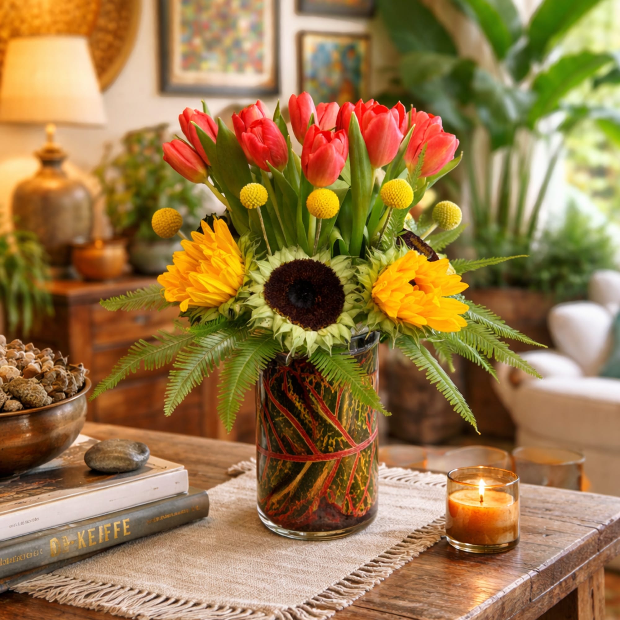 Tulip Canvas
A vibrant composition of tulips, sunflowers, petal-less sunflowers, billy balls, and