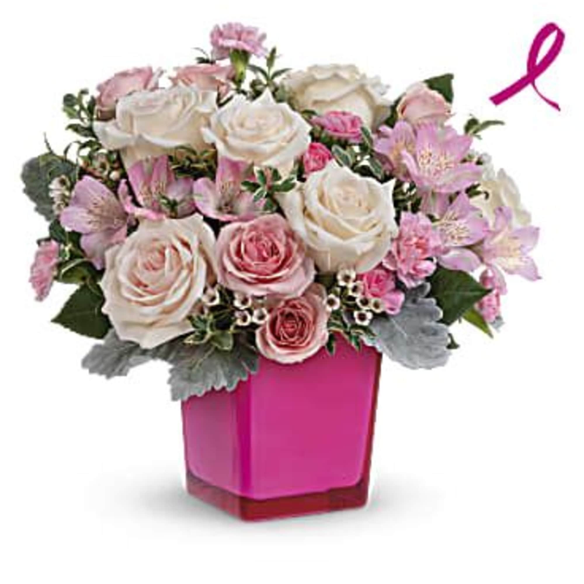 Pink and white rose bouquet in a magenta vase with a ribbon graphic