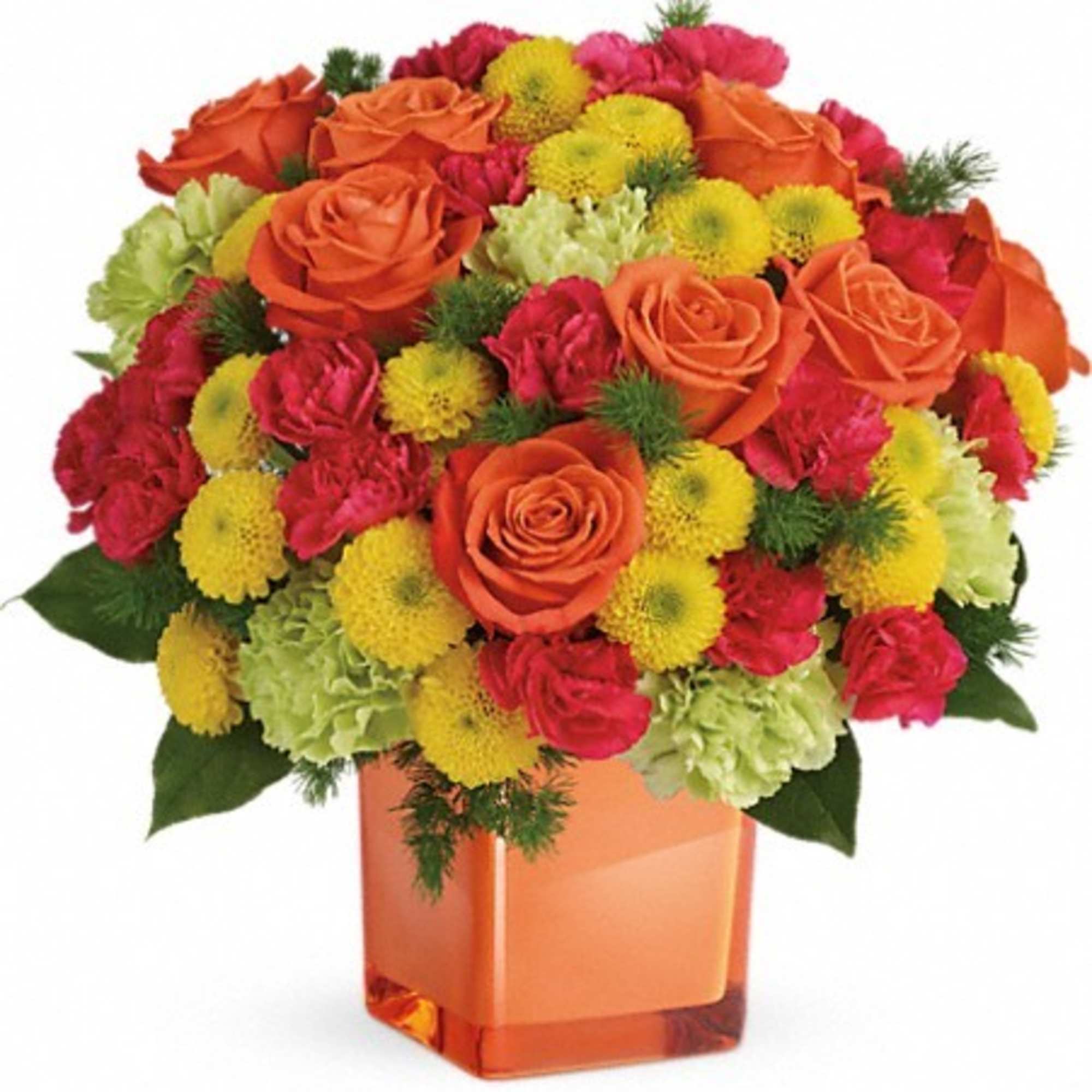 Bouquet of orange roses, red carnations, and yellow button mums in an orange vase
