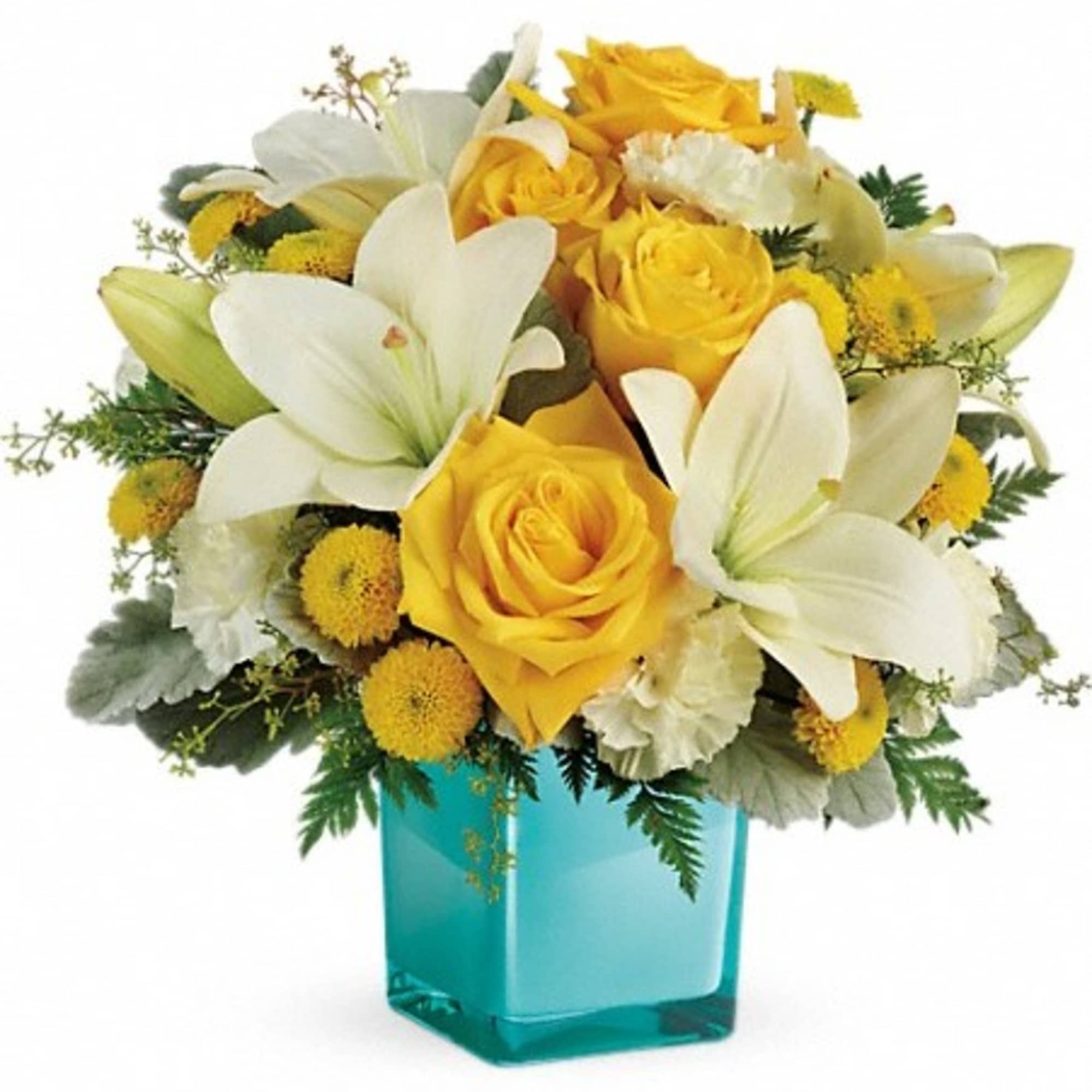 Yellow roses and white lilies in a turquoise glass vase