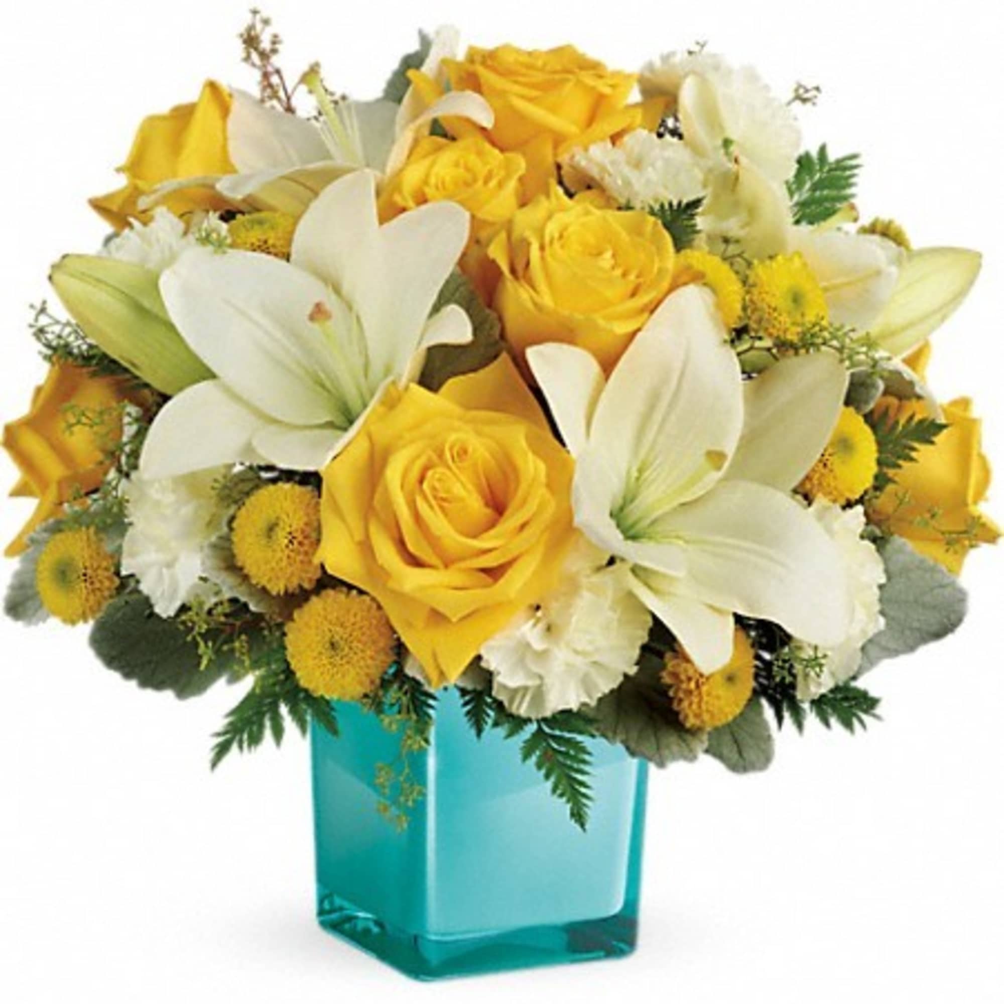 Yellow roses and white lilies in a turquoise vase