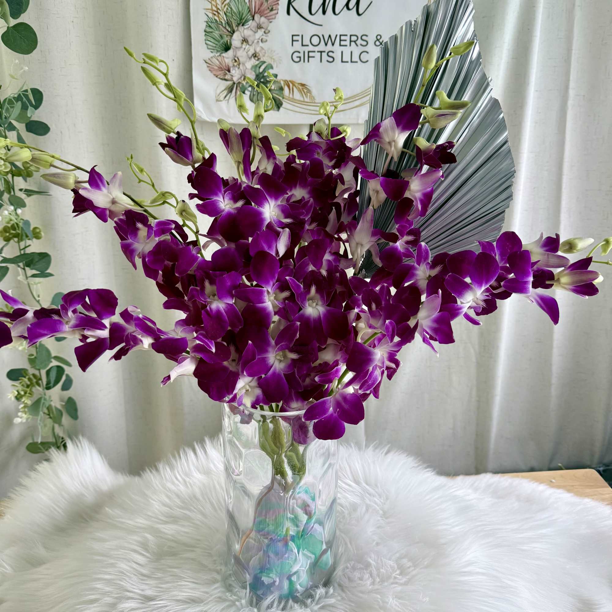 A dreamy arrangement of lush purple orchids with soft white accents, designed, photo 2 of 2
