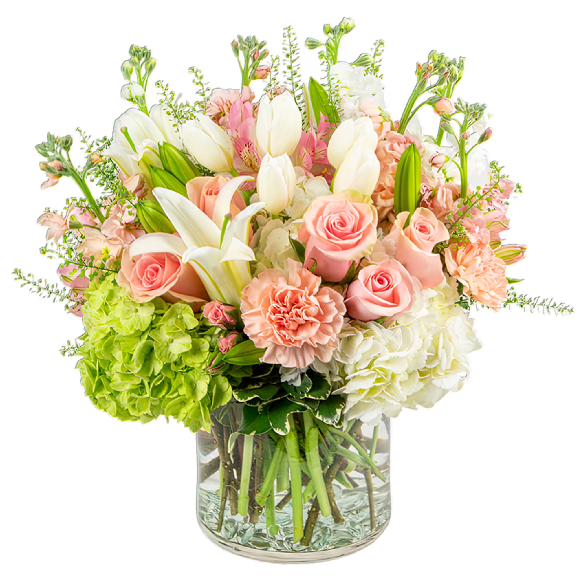 Pink roses and white lilies arranged in a clear glass vase