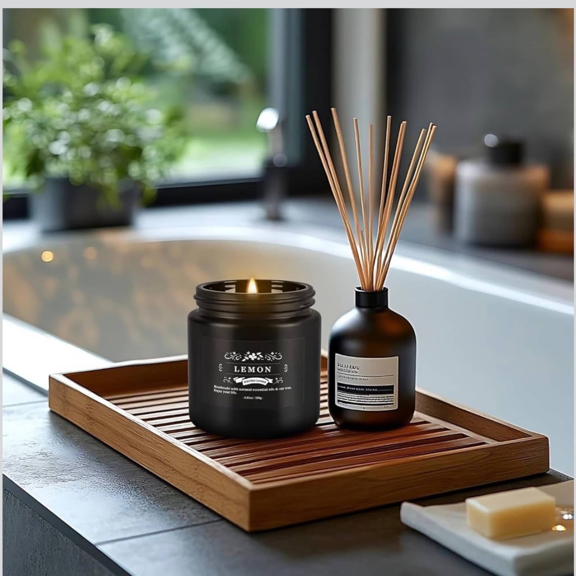 Lit candle and reed diffuser on a wooden tray beside a bathtub