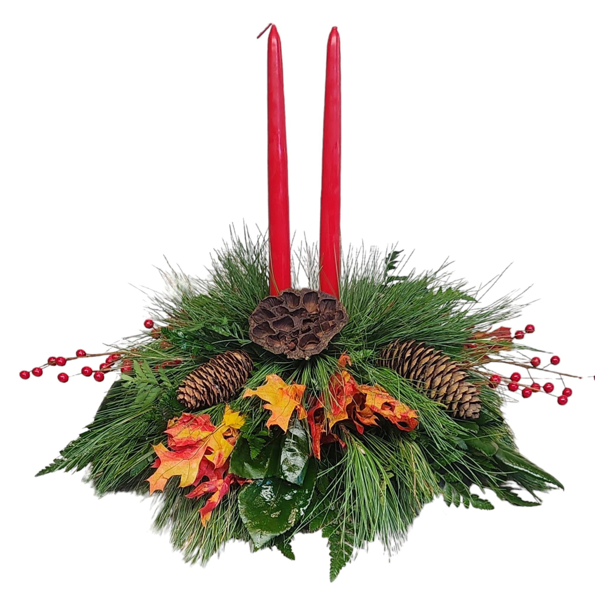 Celebrate Thanksgiving this year with this beautiful centerpiece. 2 tapered Candles, greens