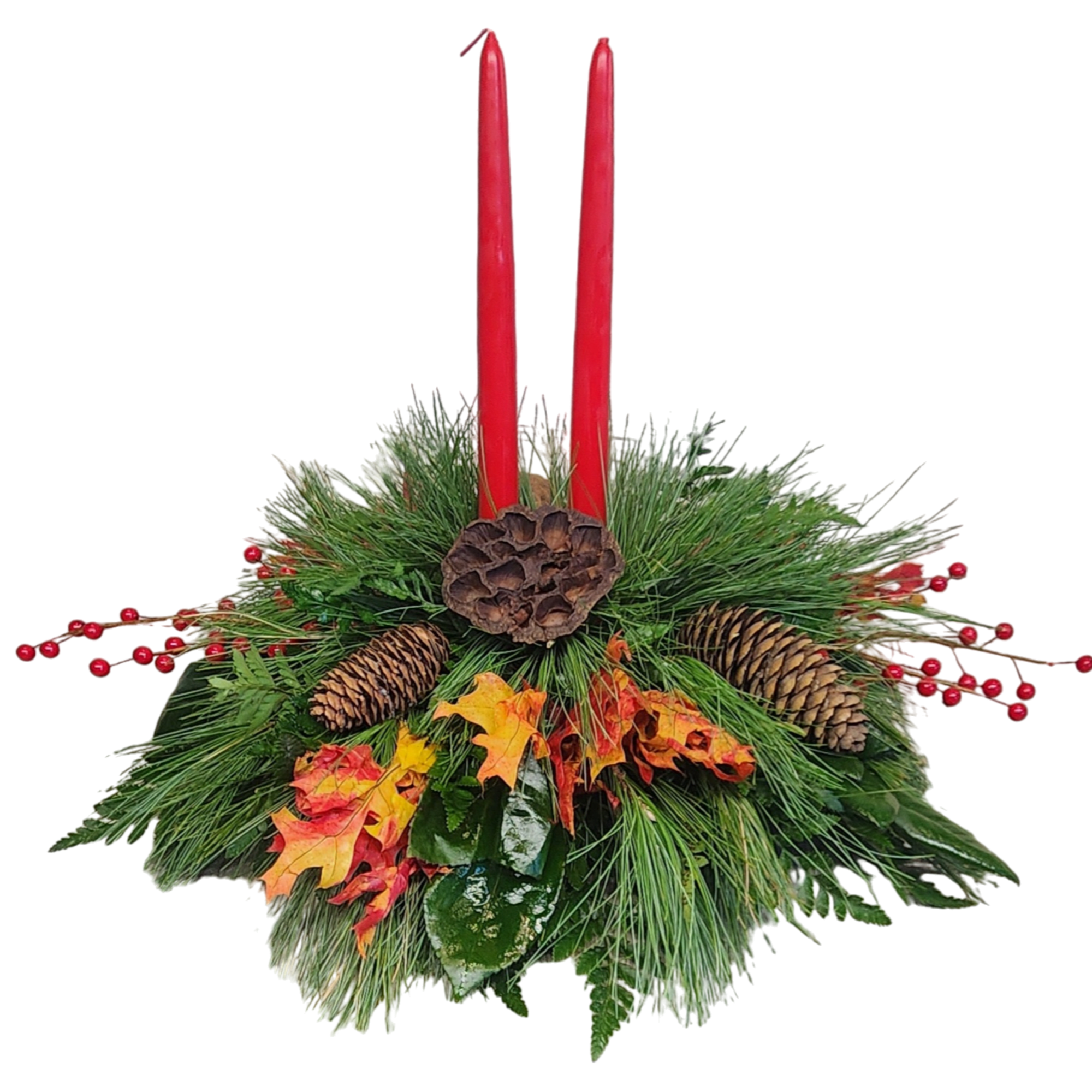 Celebrate Thanksgiving this year with this beautiful centerpiece. 2 tapered Candles, greens, photo 2 of 2