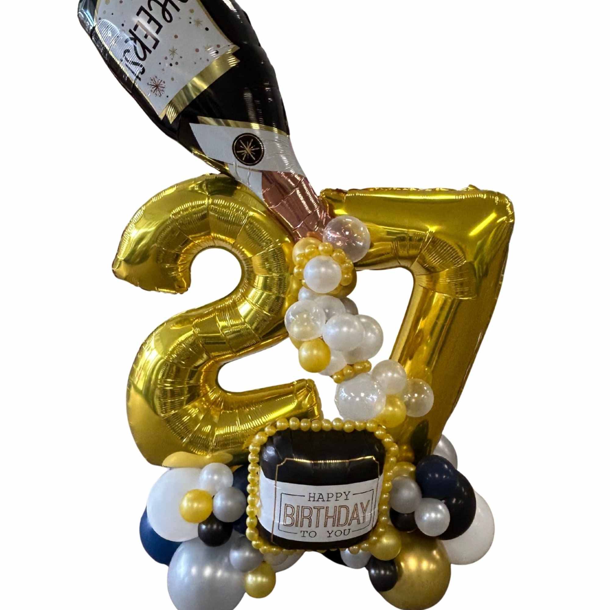 Gold 27 balloon arrangement with birthday-themed balloons